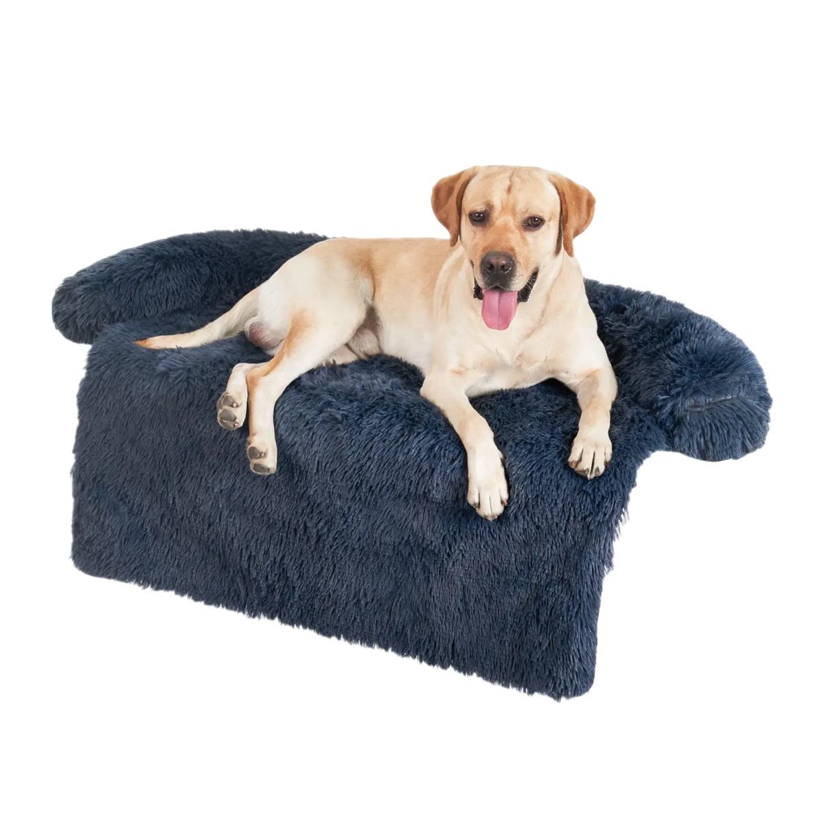 A plush navy blue faux fur dog bed sofa with soft shaggy texture and rounded armrests for a warm washable nest
