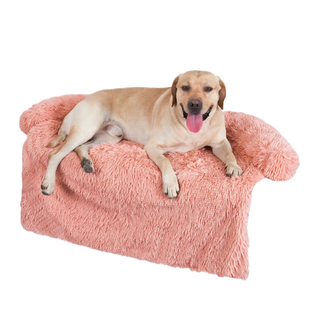 A plush pink faux fur dog bed sofa with shaggy texture and soft rounded armrests for a warm cozy nest