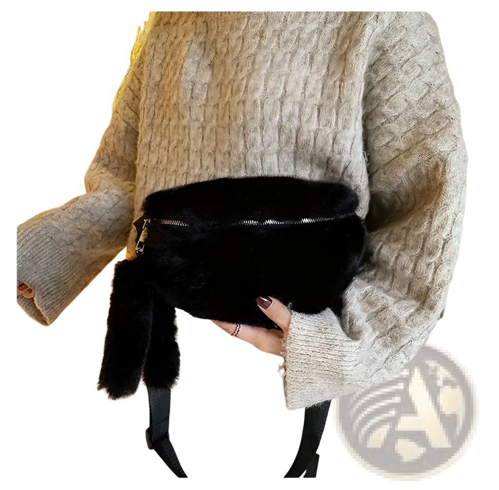 Black plush faux fur fanny pack with zipper closure and matching tassel for crossbody and messenger use