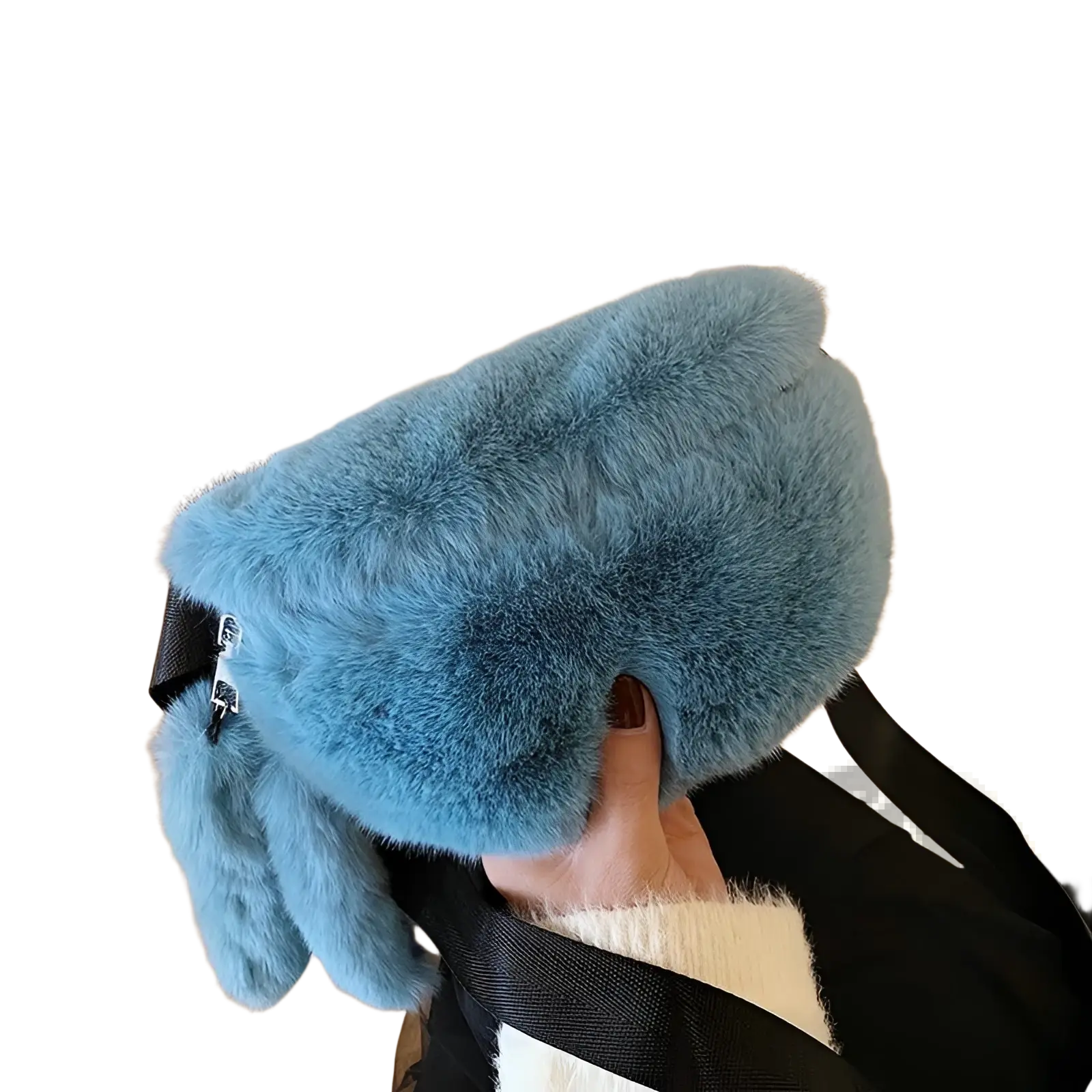 A plush faux fur fanny pack crossbody messenger bag in soft light blue with plush texture and black strap accents
