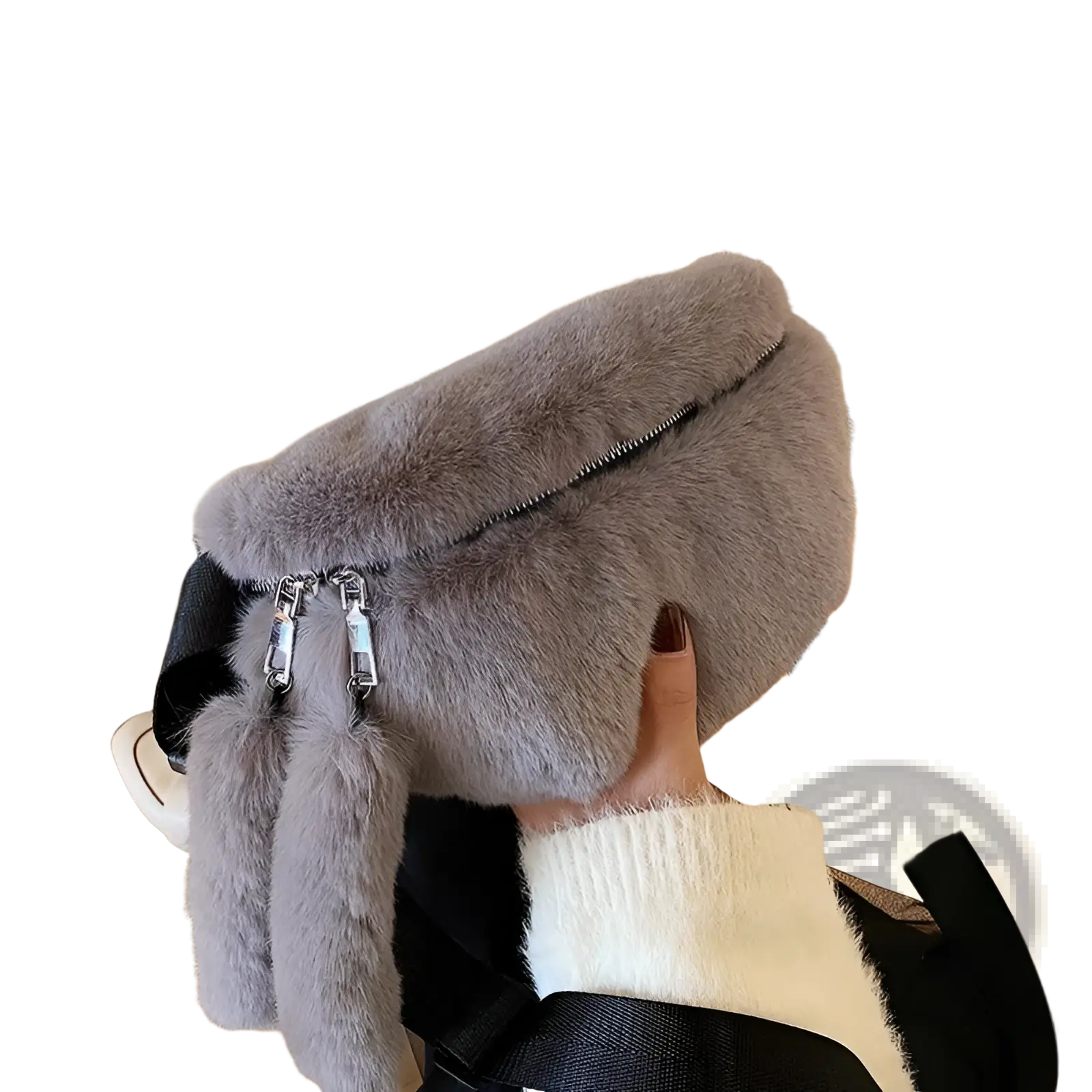 Plush faux fur fanny pack crossbody messenger bag in gray with black zipper and matching fuzzy tassels