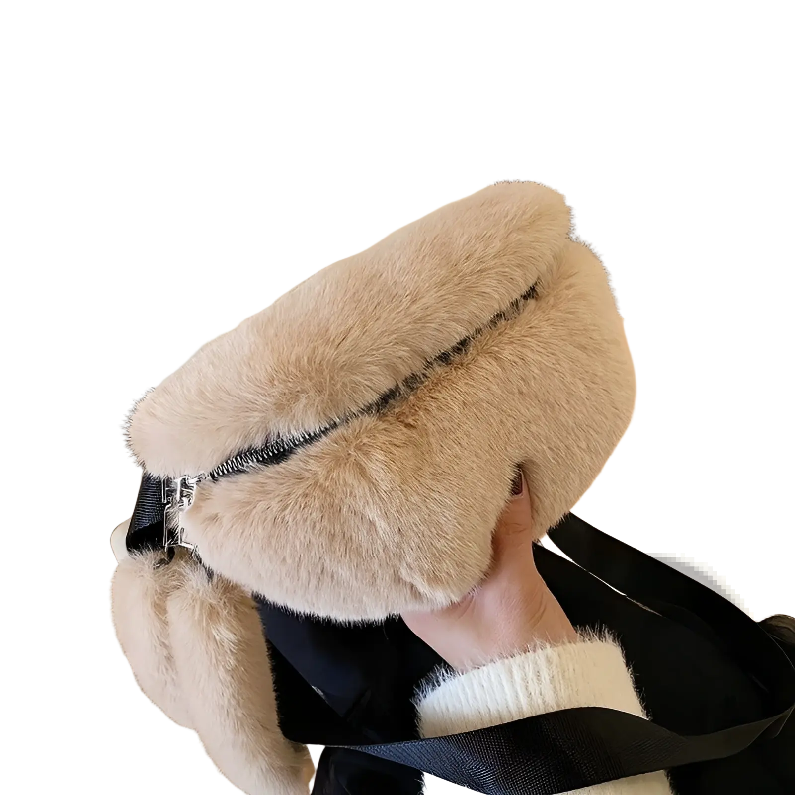 Beige plush faux fur fanny pack crossbody messenger bag with black zipper and adjustable strap for hands-free use