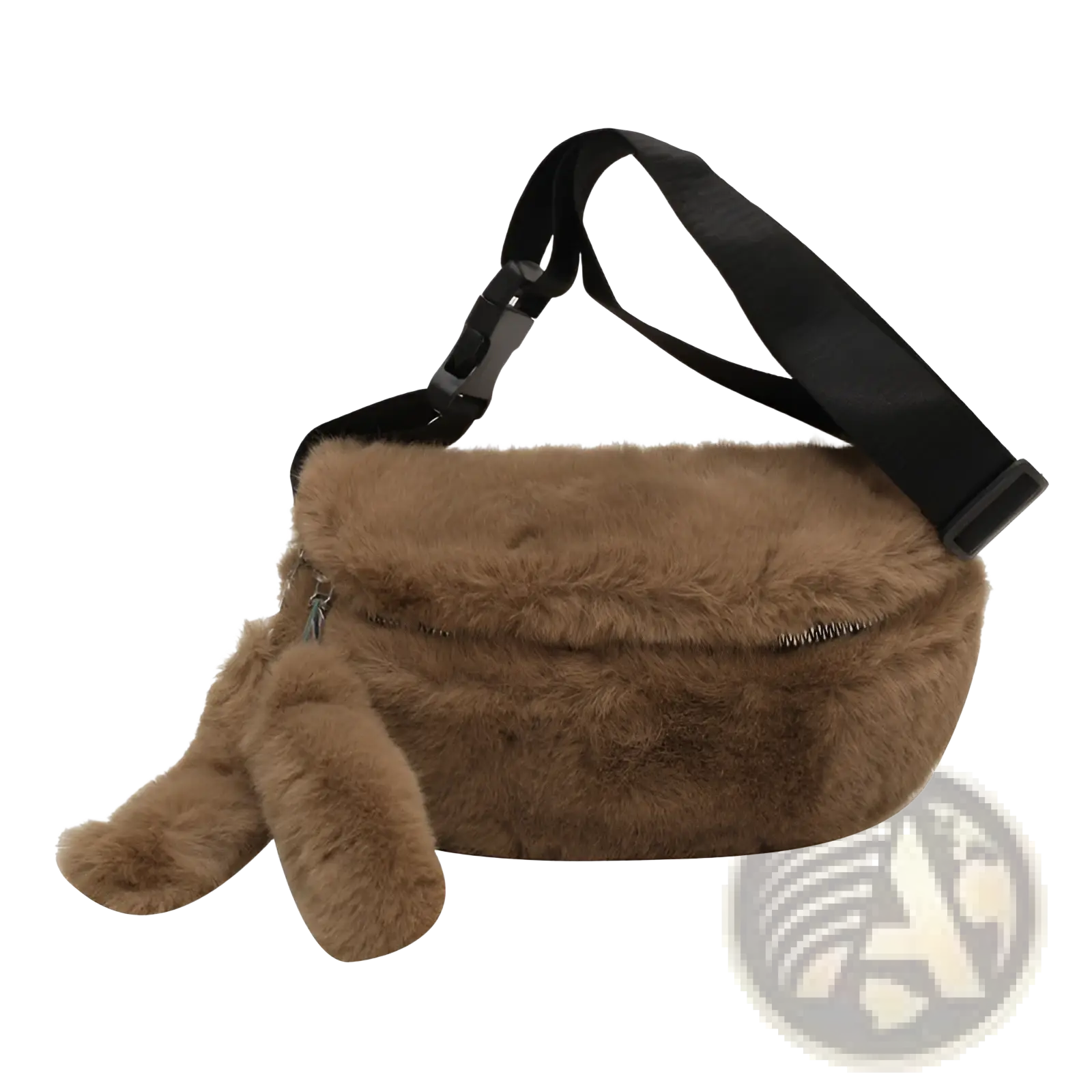 Plush faux fur fanny pack in brown with black adjustable strap and zipper closure for crossbody use