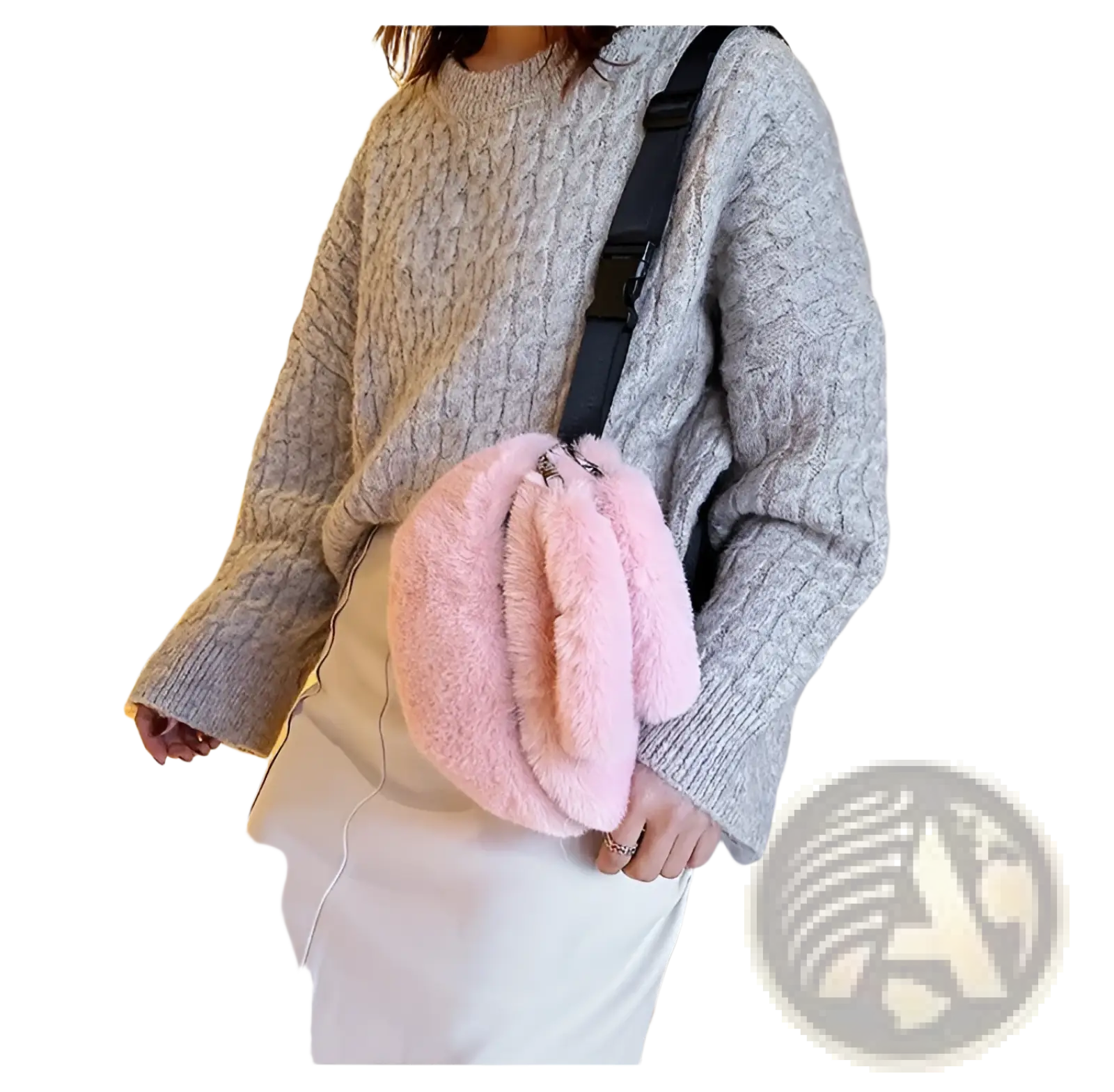 A soft pastel pink plush faux fur fuzzy crossbody bag with rounded design and black strap for casual use