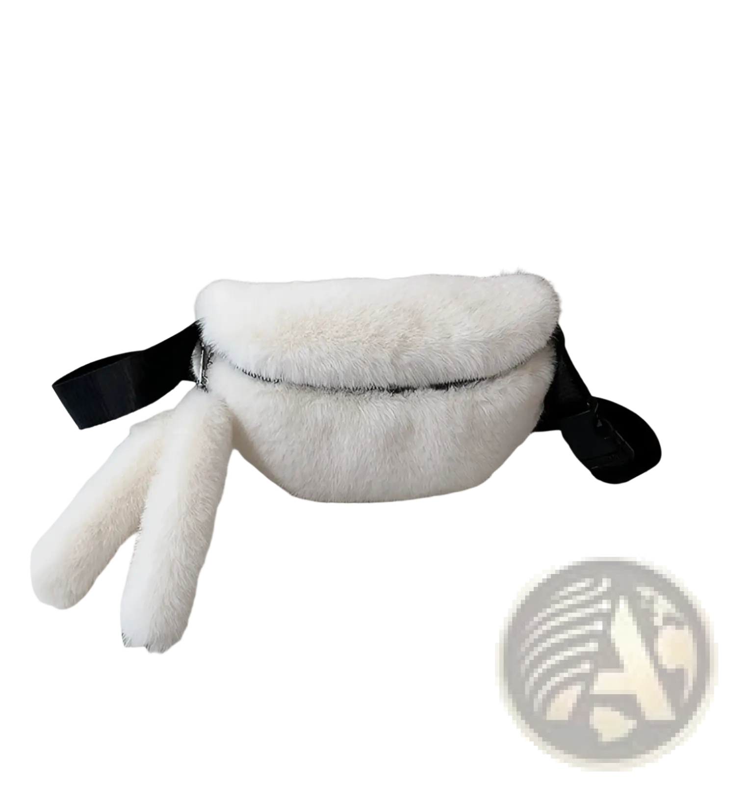 Plush faux fur fanny pack crossbody messenger bag in white with black straps and a matching fluffy tassel