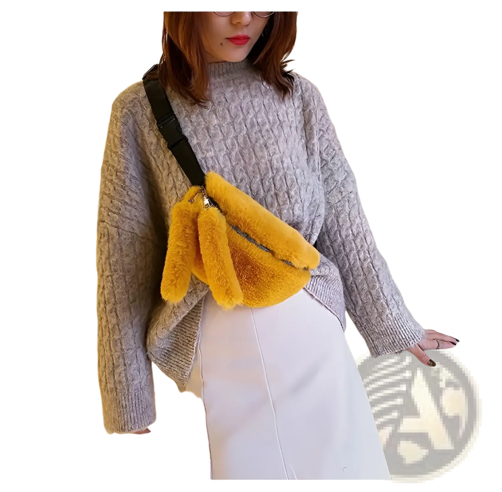 A vibrant yellow plush faux fur fanny pack crossbody messenger bag with black strap and zipper closure