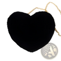 Black plush faux fur heart shaped crossbody bag with gold chain strap for stylish everyday use