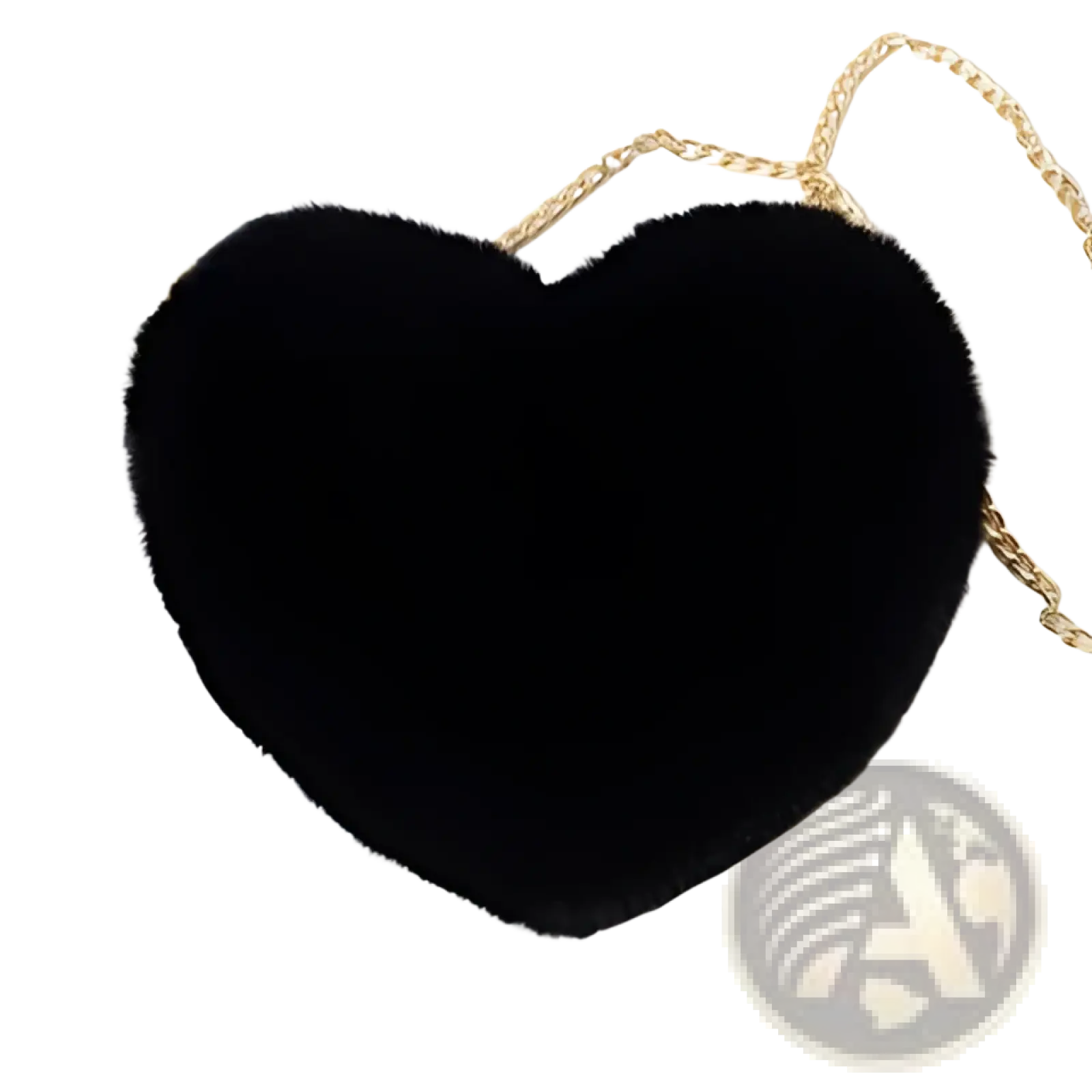 Black plush faux fur heart shaped crossbody bag with gold chain strap for stylish everyday use