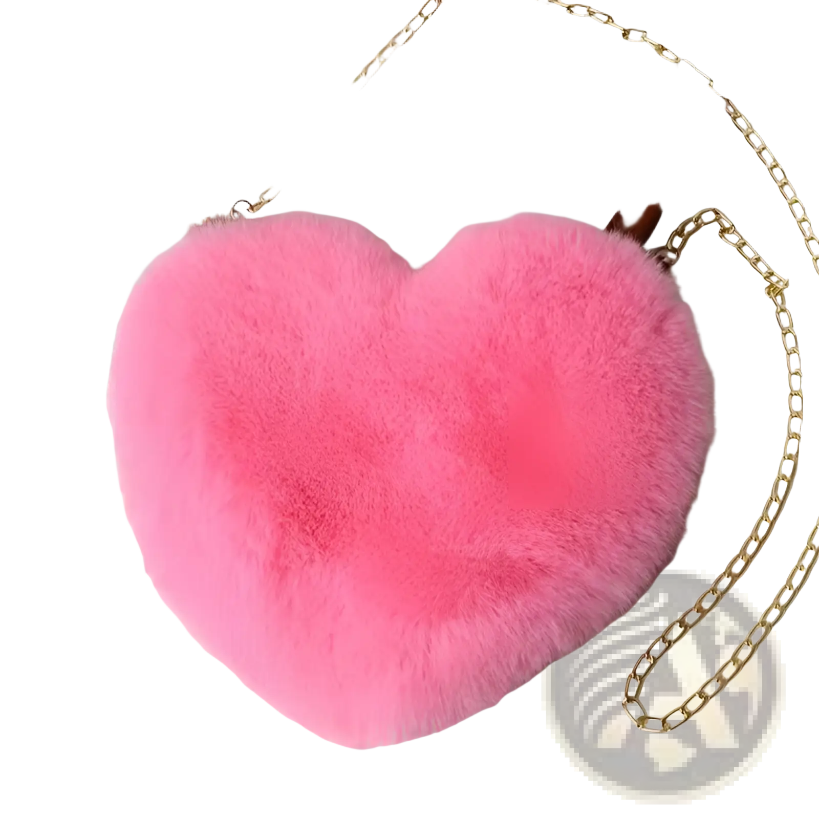 A vibrant pink plush faux fur heart shaped crossbody bag with a gold-toned chain strap