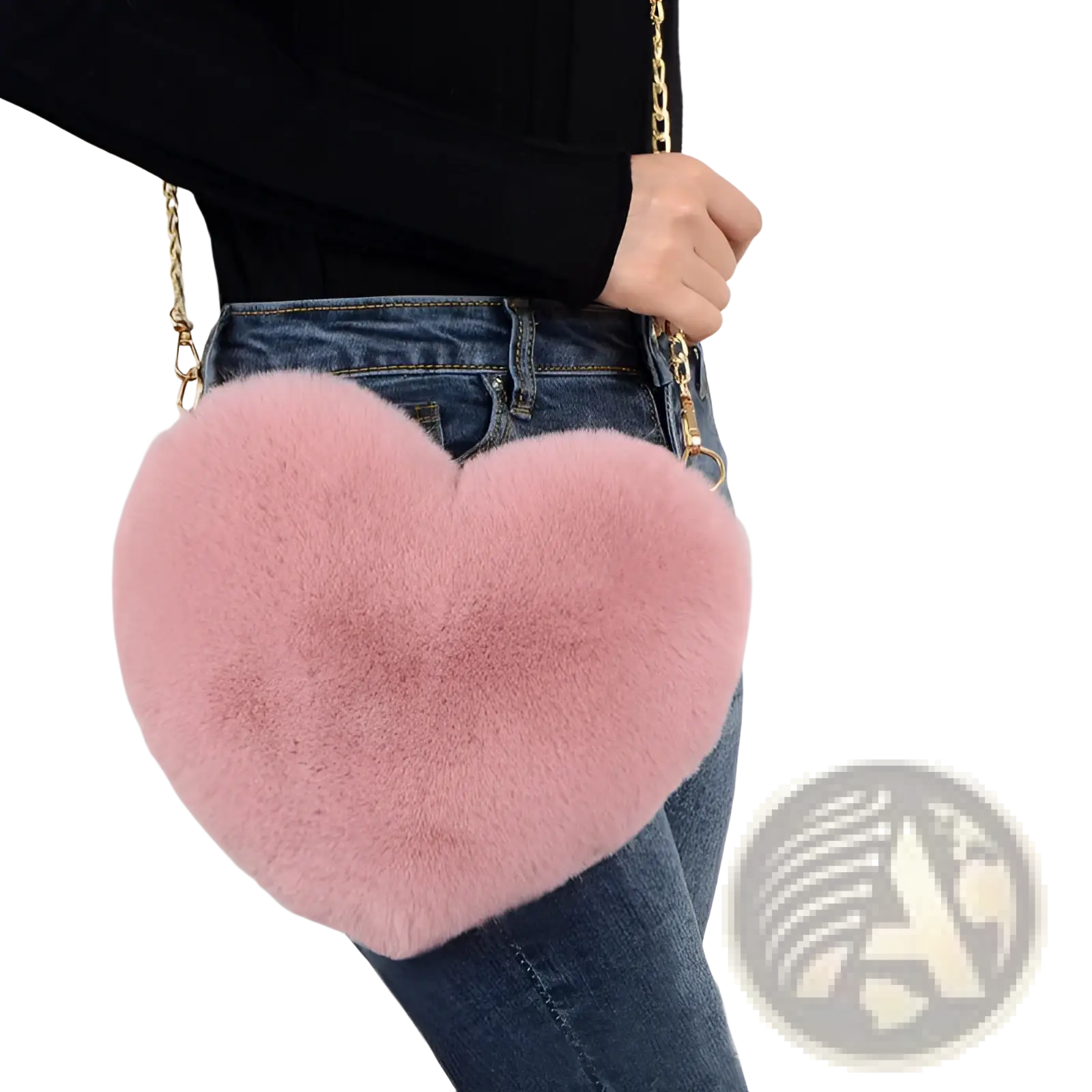 Pink fluffy heart shaped faux fur crossbody bag with a gold chain strap for stylish everyday use