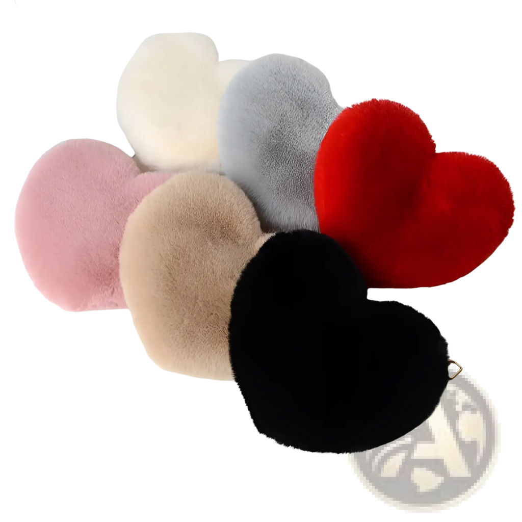 Plush faux fur heart shaped crossbody bags in red black pink beige gray and cream with gold chain straps