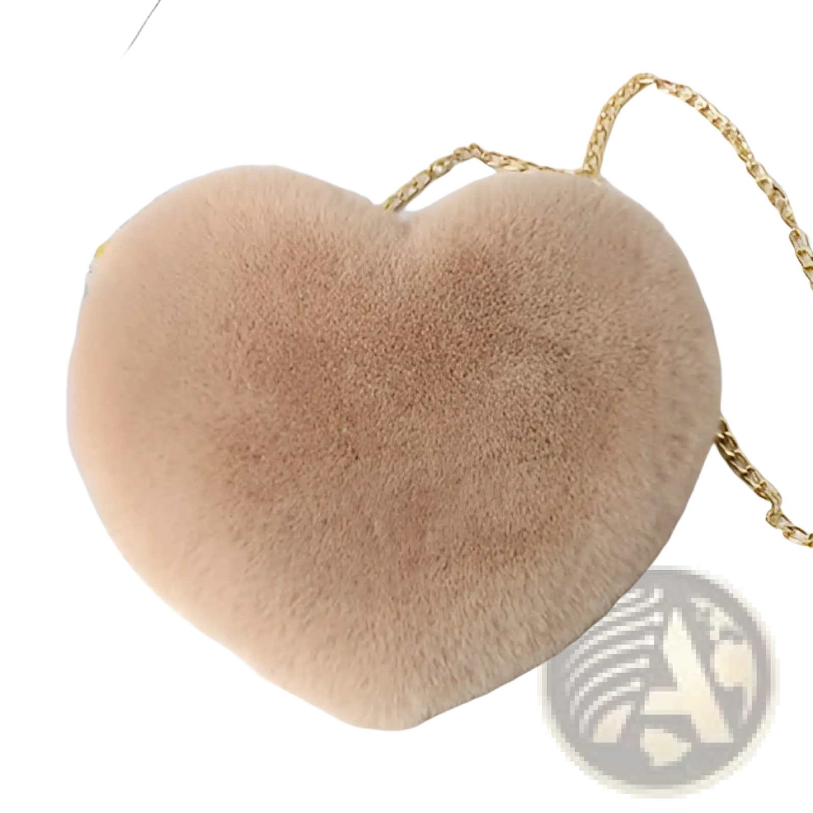 A soft beige plush faux fur heart shaped crossbody bag with a gold chain strap for stylish everyday use