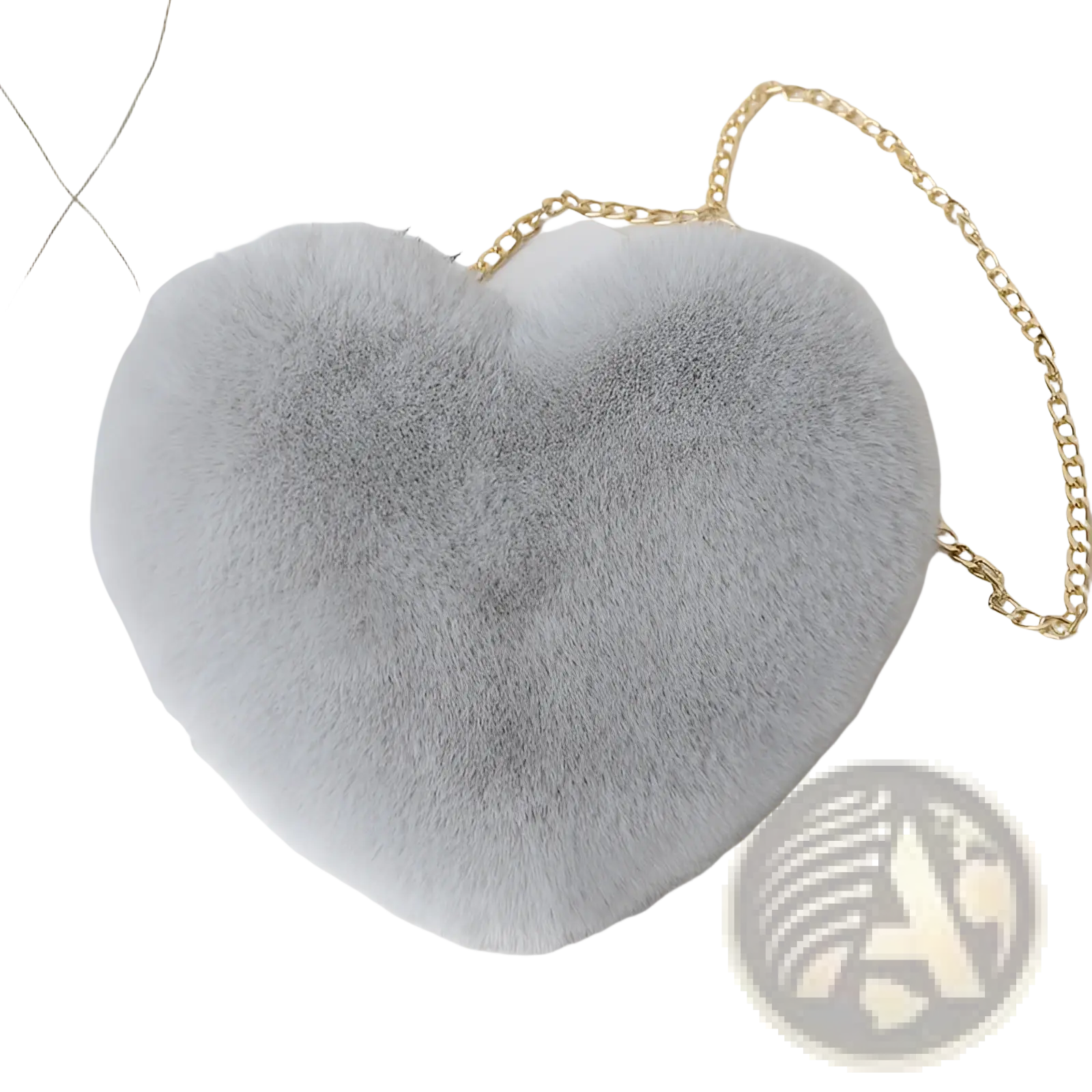 A soft light gray plush faux fur heart shaped crossbody bag with a delicate gold chain strap