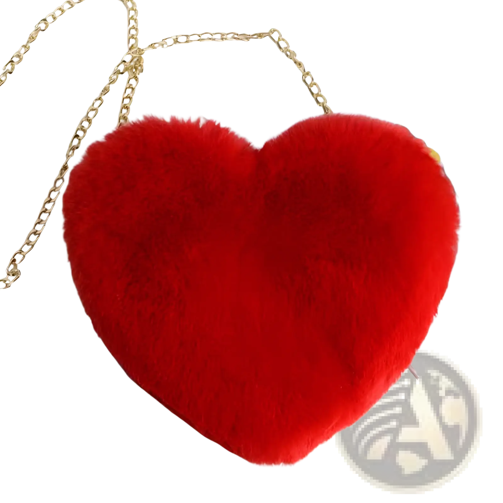 A vibrant red plush faux fur heart shaped crossbody bag with a gold chain strap for stylish use