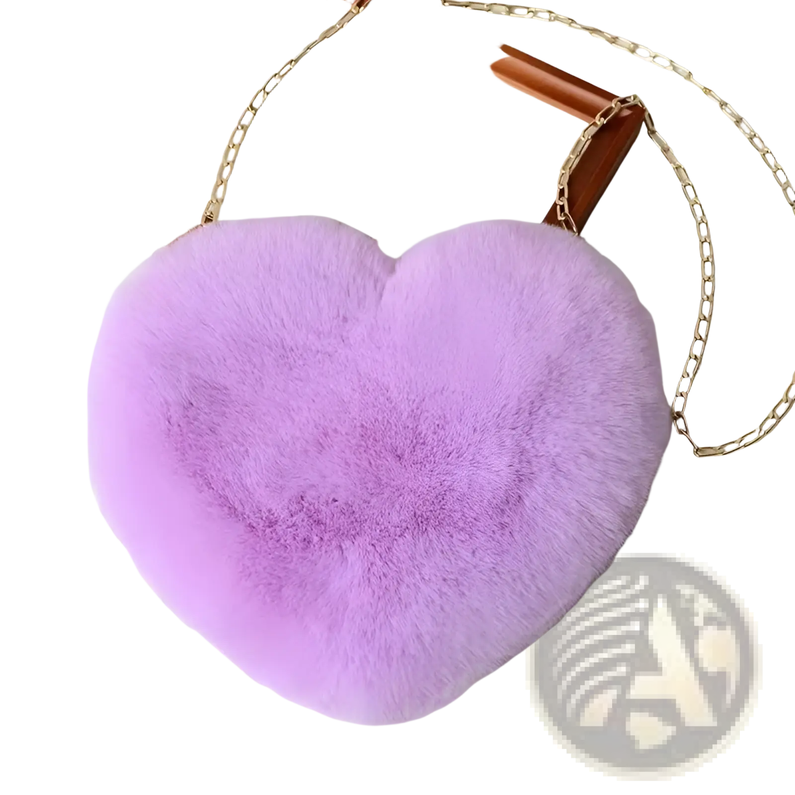 A soft lavender plush faux fur heart shaped crossbody bag with a gold chain strap for stylish use