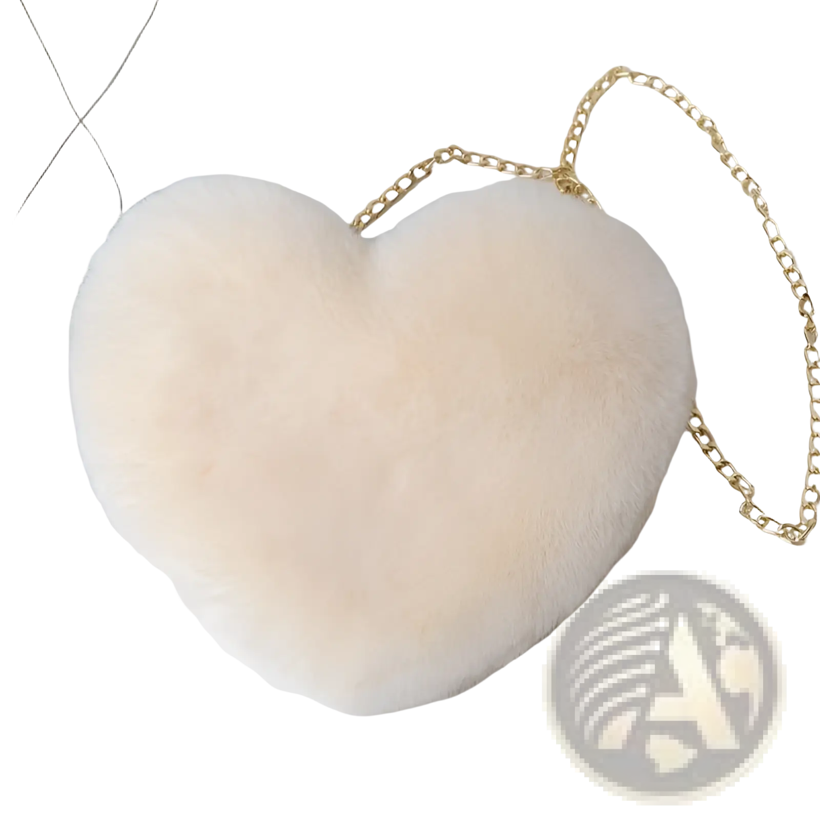 Cream-colored plush faux fur heart-shaped crossbody bag with gold-tone chain strap for stylish carrying