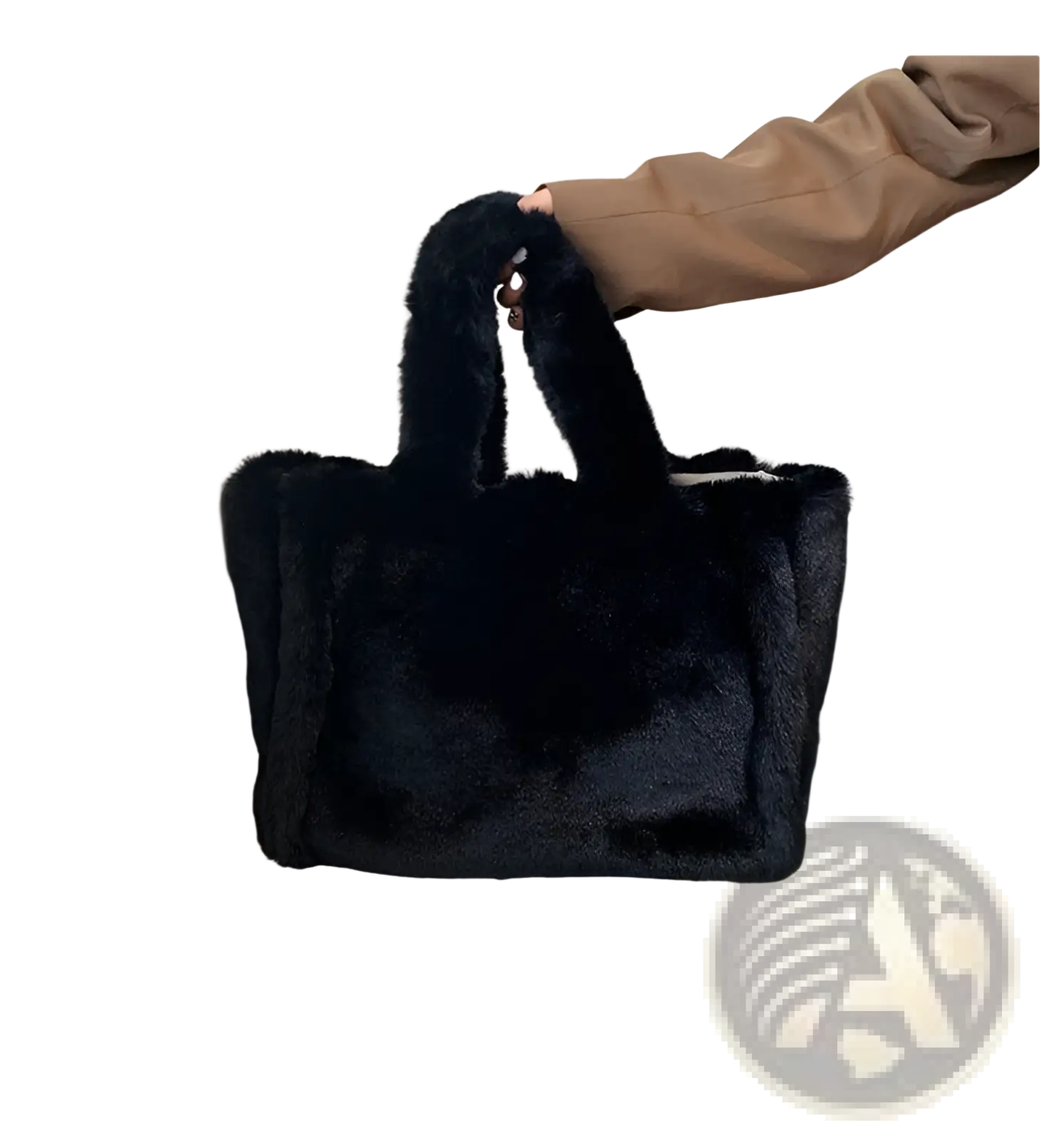 Black plush faux fur tote bag with soft texture and sturdy handles featuring a chain strap shoulder design
