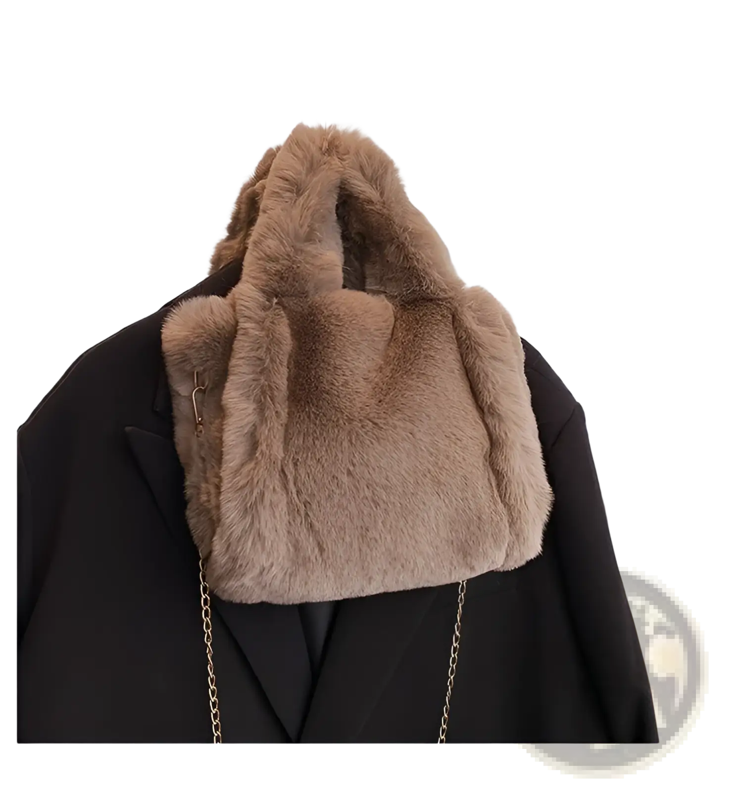 A plush tan faux fur tote bag with chain strap shoulder bag hanging on a coat rack