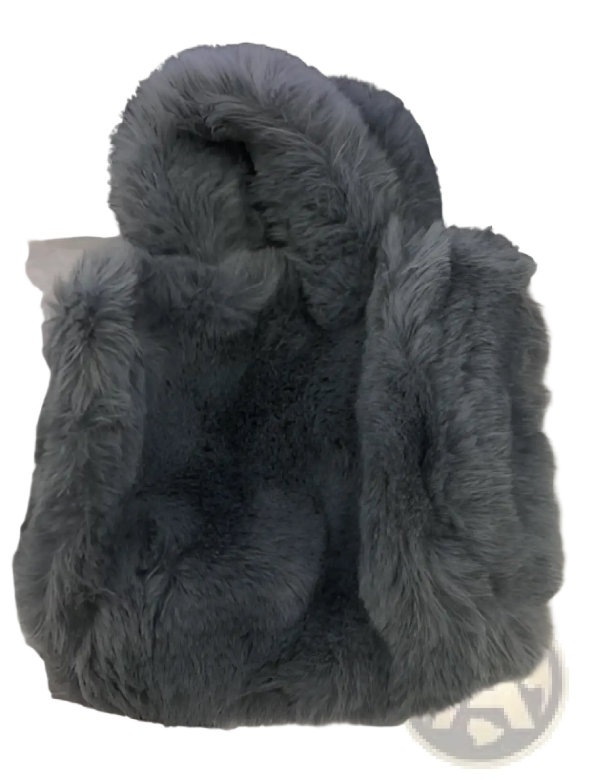 Gray faux fur phone case with plush textured surface and rounded edges complementing plush faux fur tote bag with chain strap