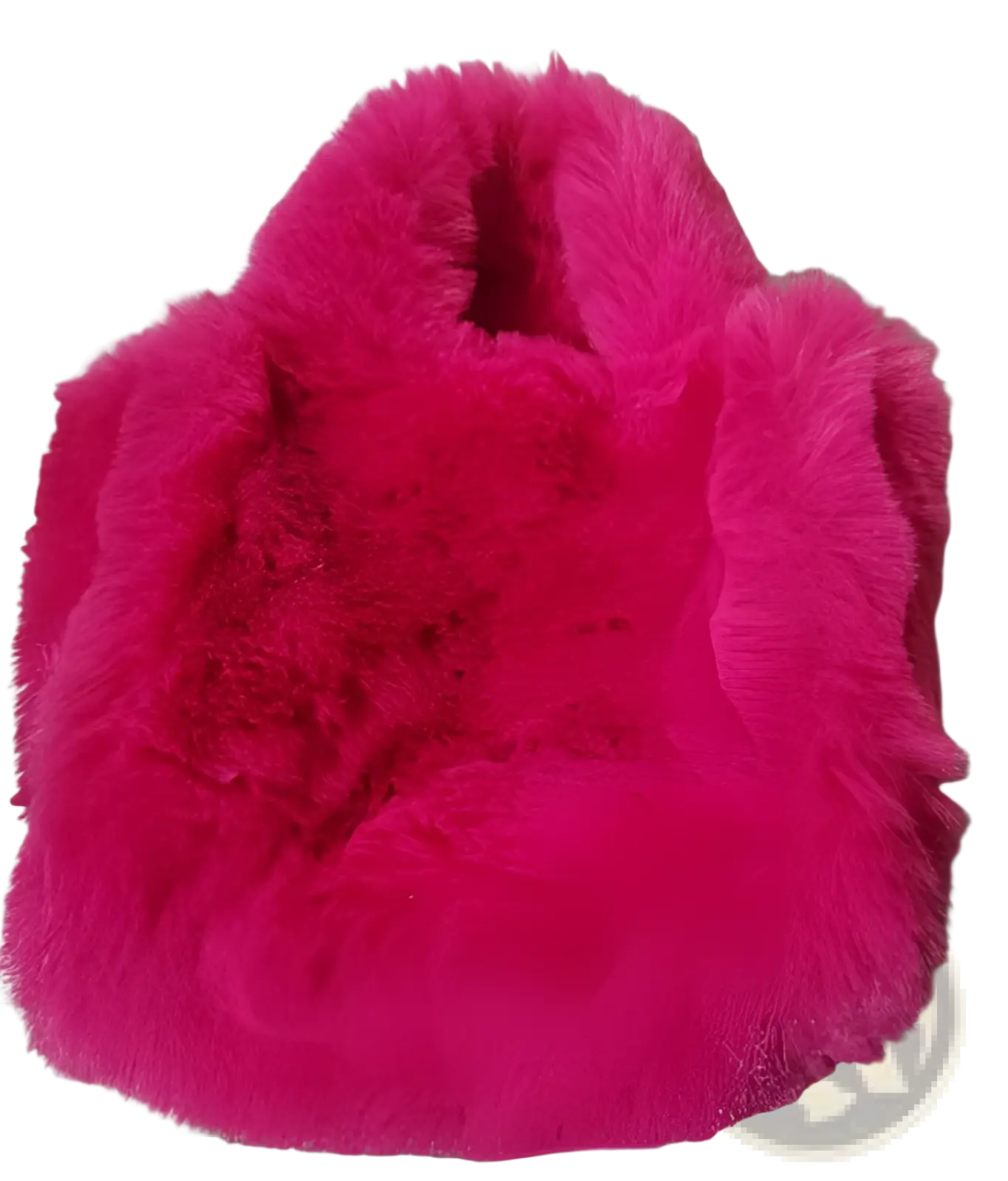 A vibrant pink plush faux fur tote bag with soft fluffy texture and rounded handles for stylish carrying