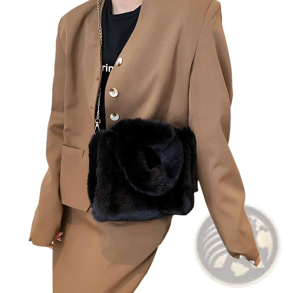 Black faux fur crossbody tote bag with chain strap featuring plush material and versatile shoulder design