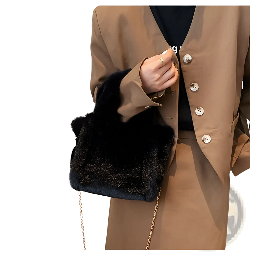 Black plush faux fur crossbody tote bag with gold chain strap ideal for stylish shoulder wear