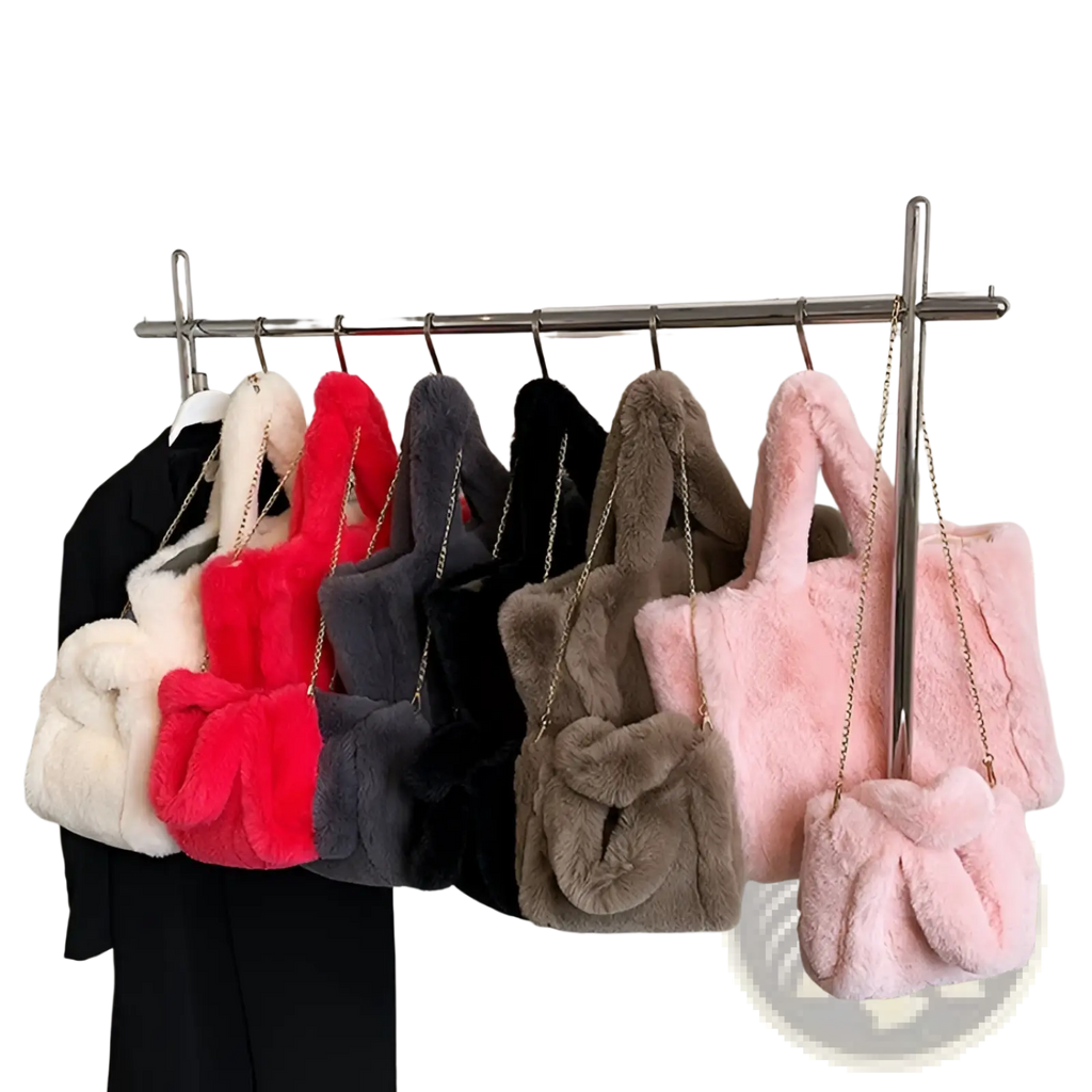 A collection of plush faux fur tote bags with chain strap shoulder bags in white red gray black and pink with bow design
