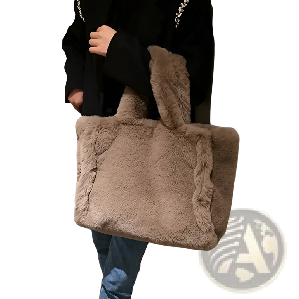 A cozy beige plush faux fur tote bag with fluffy handles and a chain strap shoulder bag design