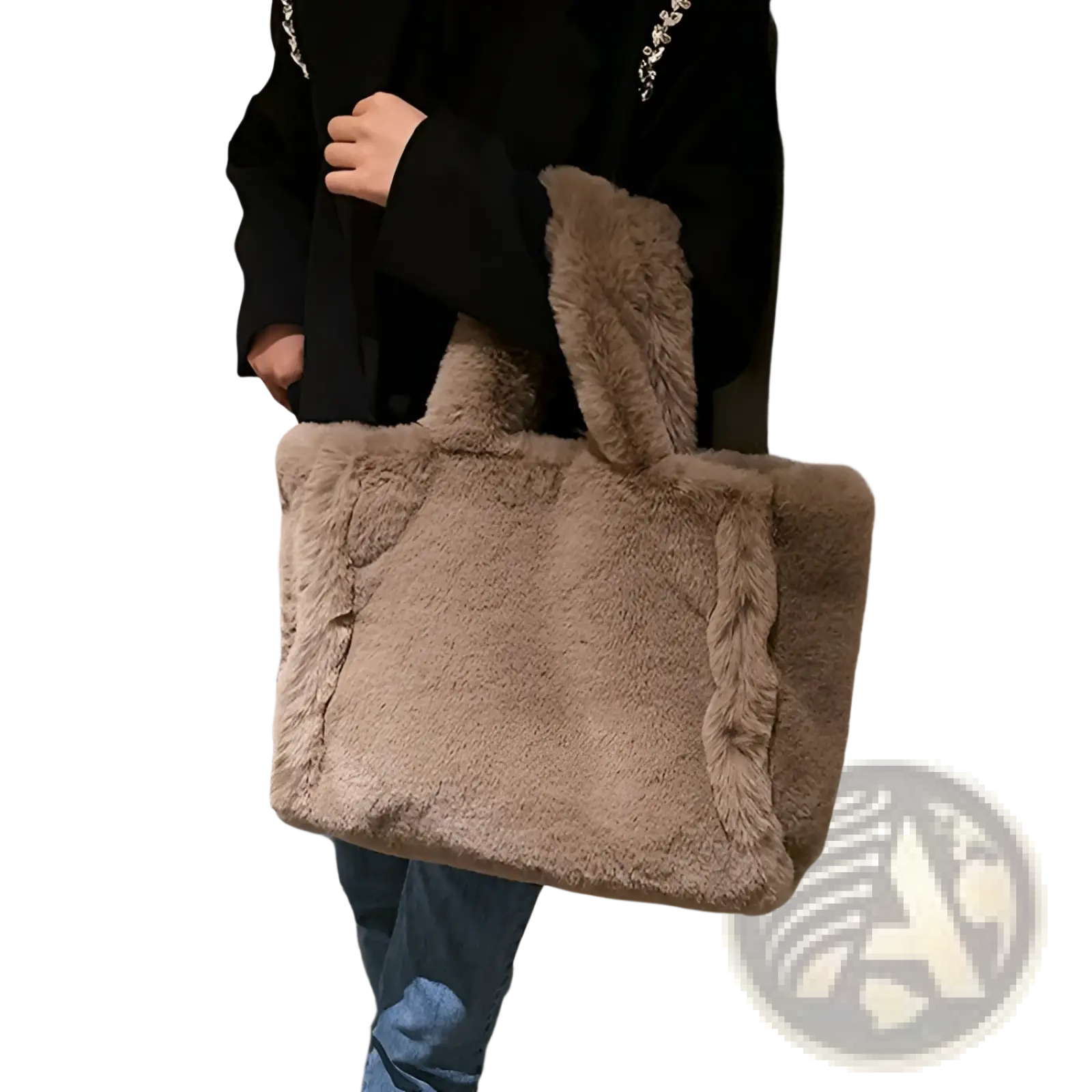 A cozy beige plush faux fur tote bag with fluffy handles and a chain strap shoulder bag design