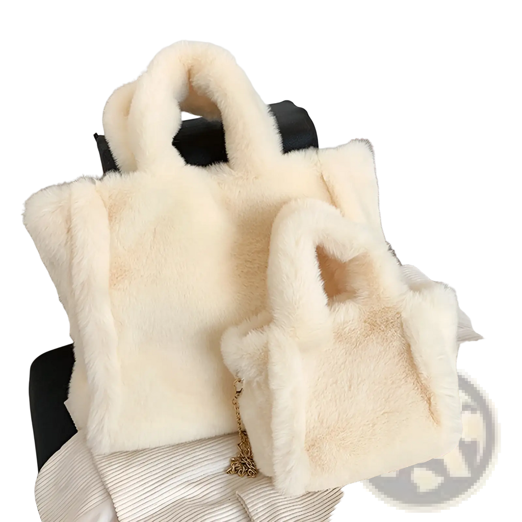 Cream-colored plush faux fur tote bag with thick handles and chain strap shoulder bag featuring soft fluffy texture