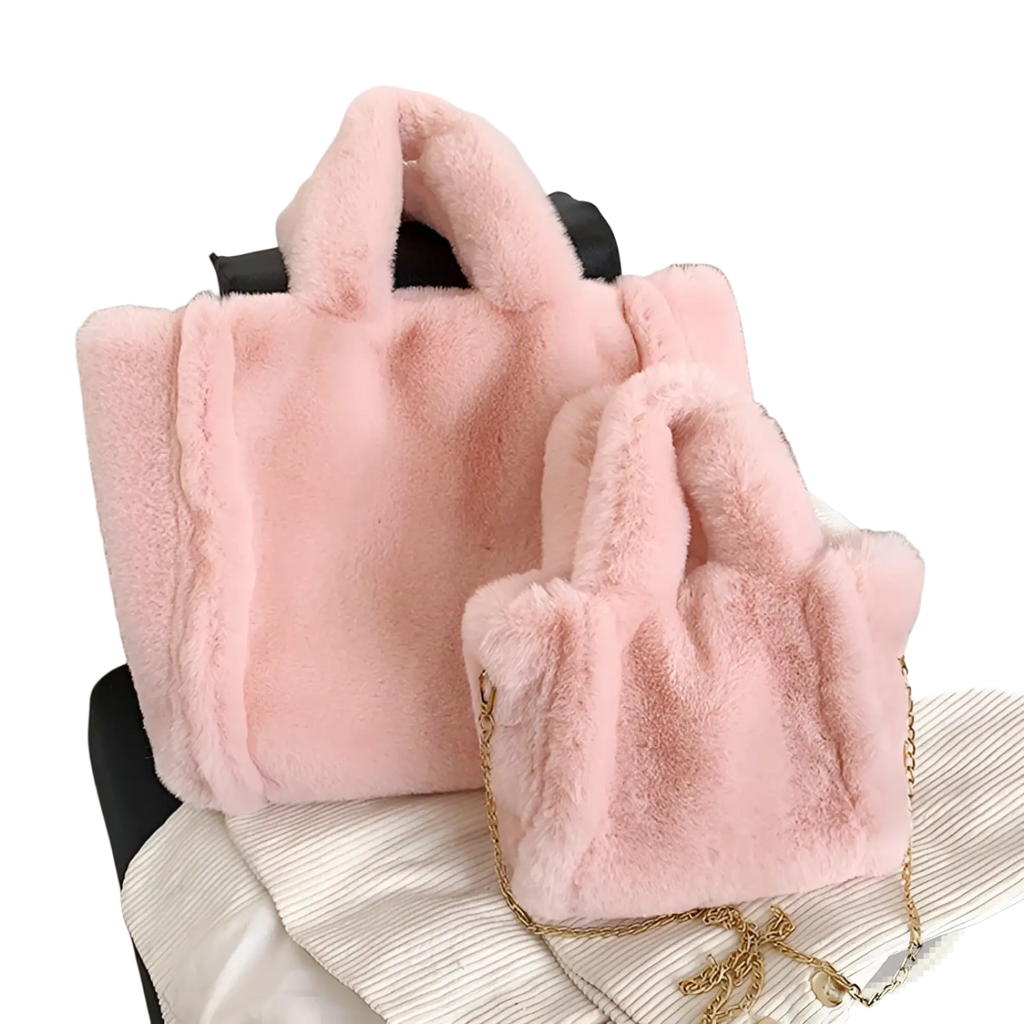 Plush faux fur tote bag in pink with matching chain strap and soft plush texture for shoulder use