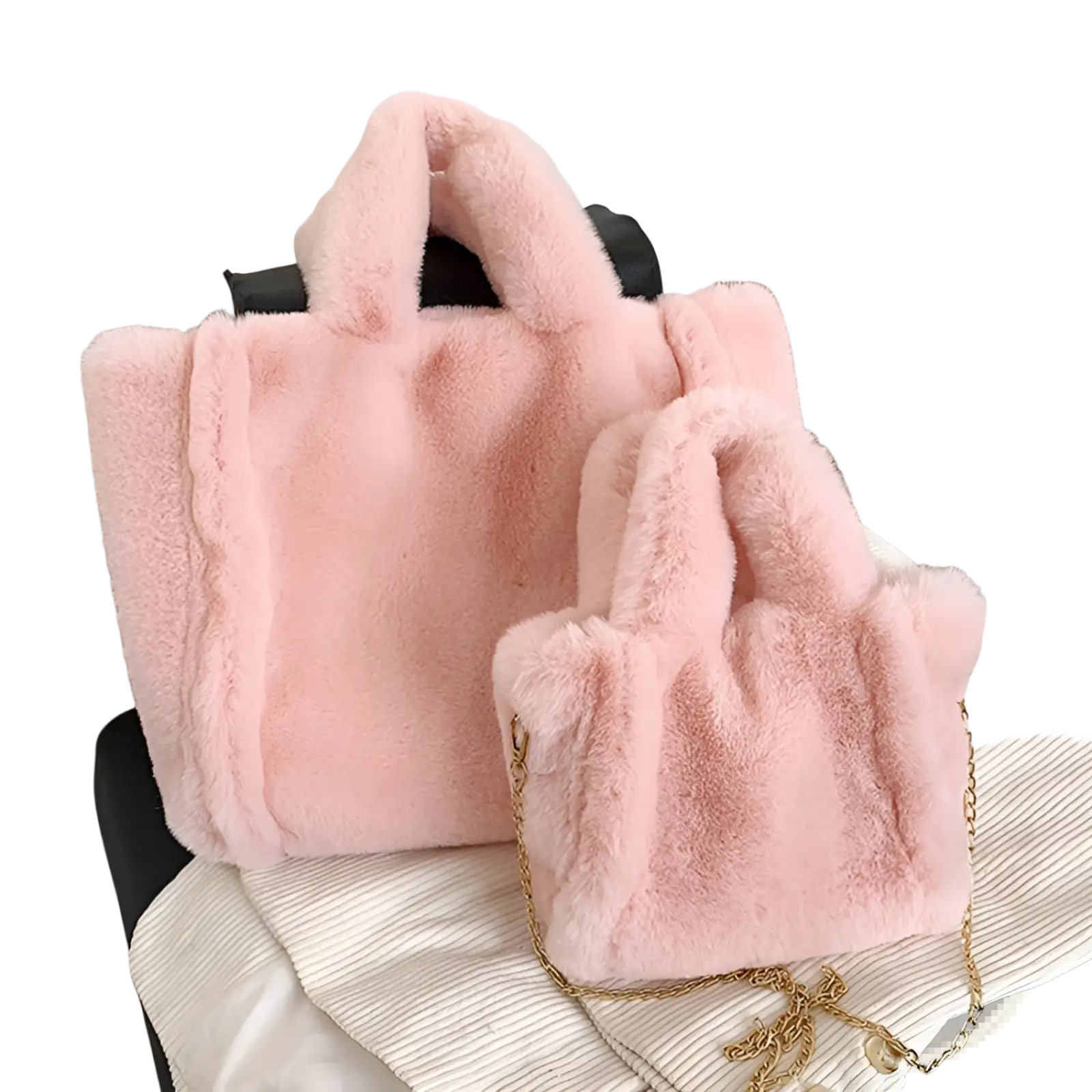 Plush faux fur tote bag in pink with matching chain strap and soft plush texture for shoulder use