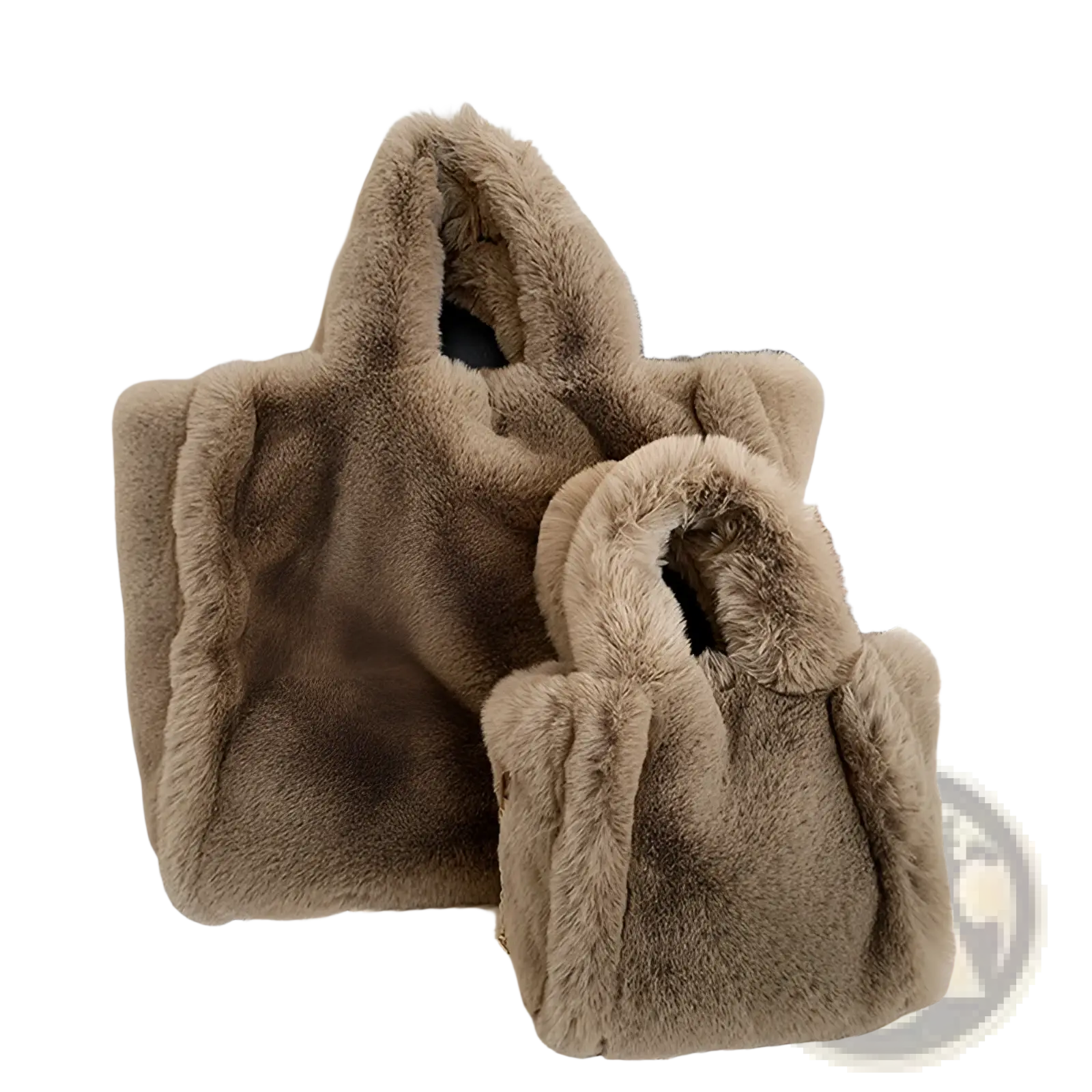 Plush faux fur tote bag with chain strap in soft taupe color featuring a fluffy texture and matching handles