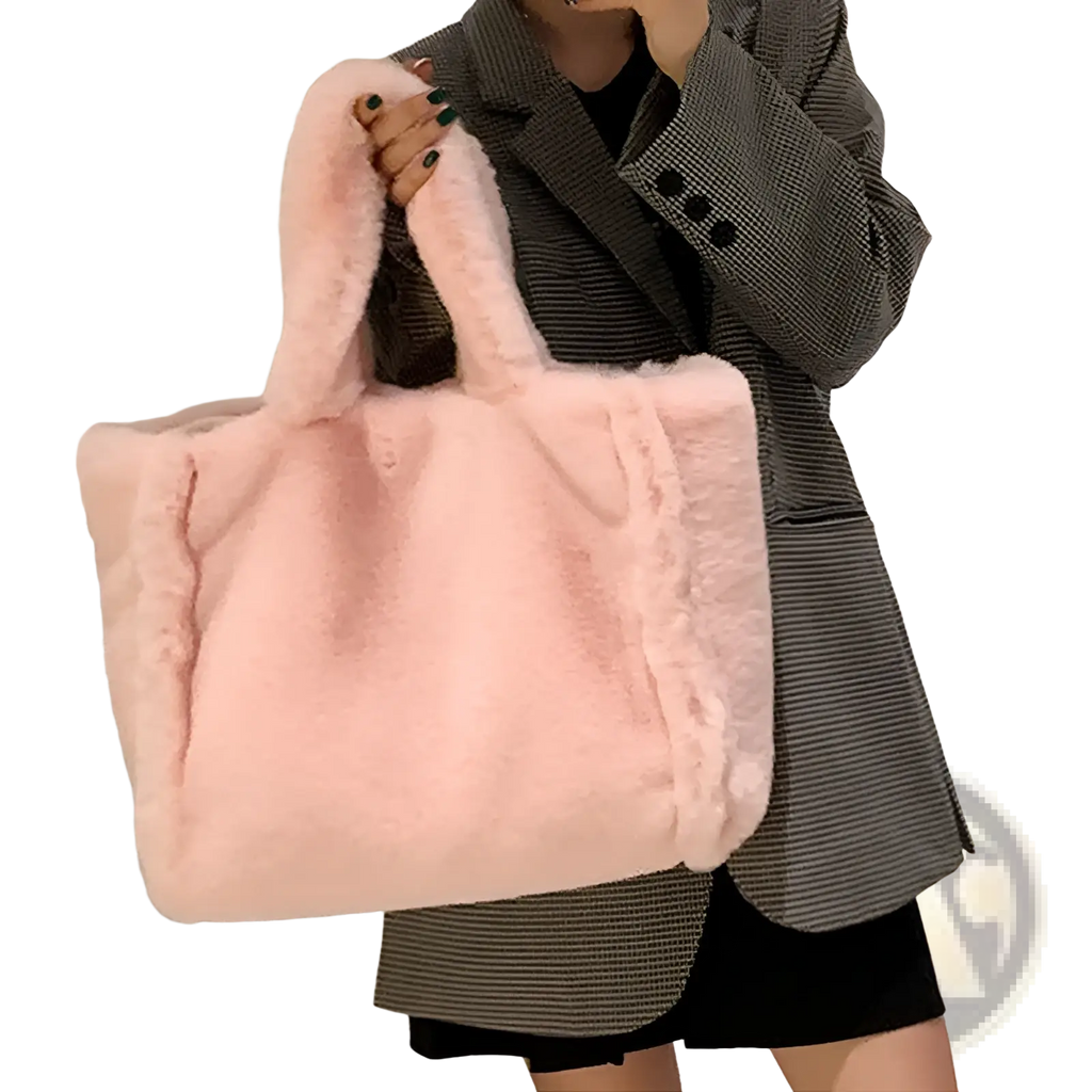 Soft pink plush faux fur tote bag with plush handles and chain strap shoulder bag for stylish carrying