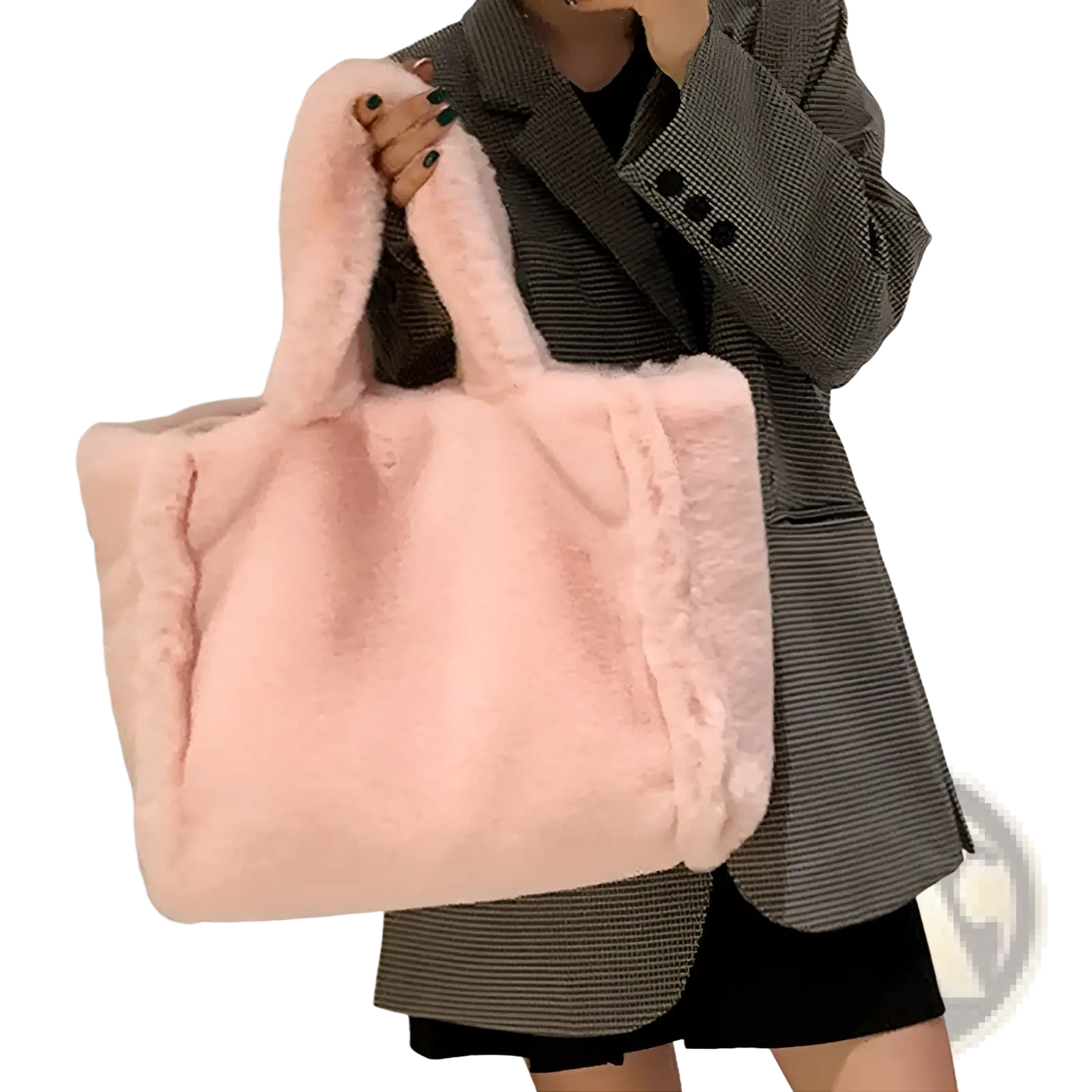 Soft pink plush faux fur tote bag with plush handles and chain strap shoulder bag for stylish carrying
