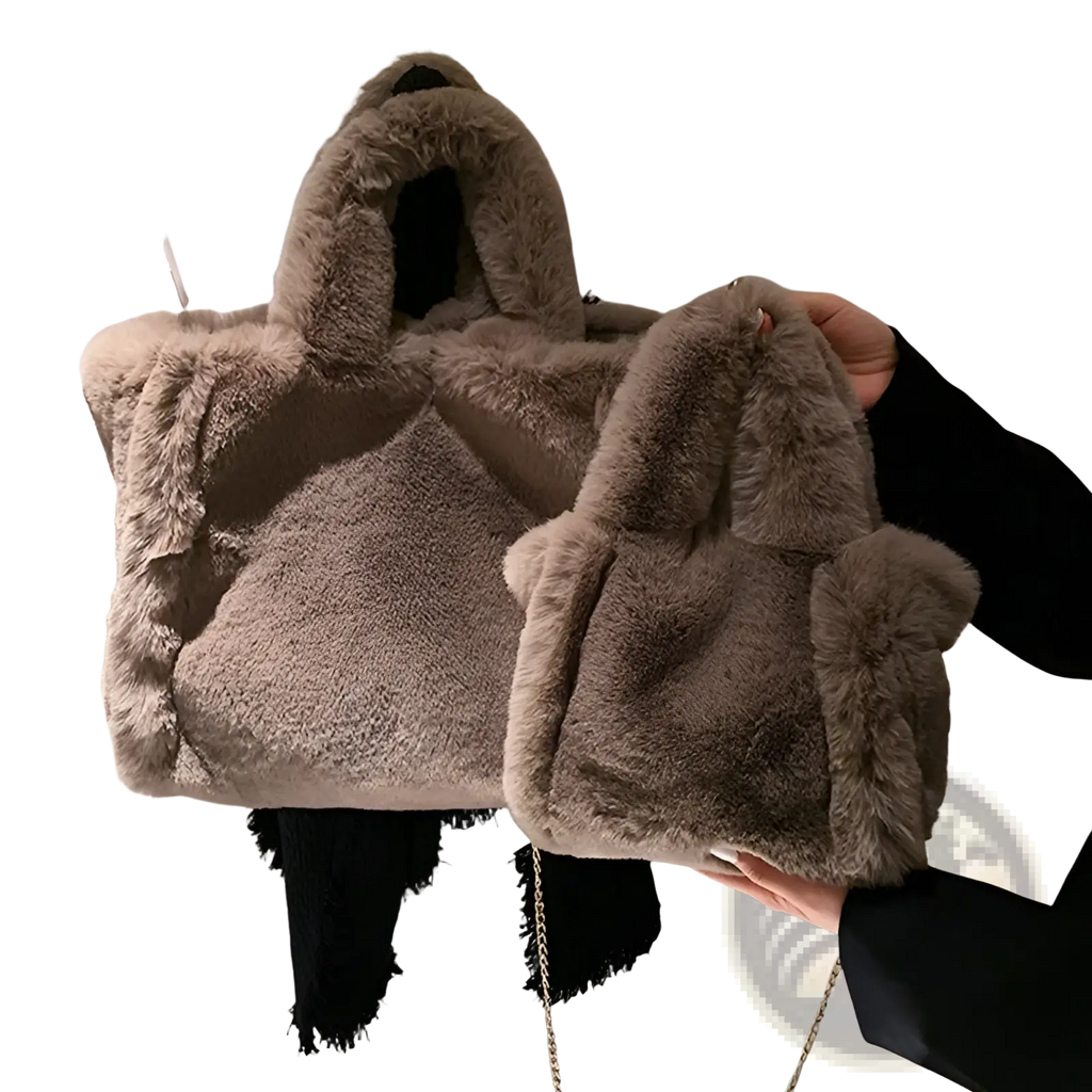Plush faux fur two-tone tote bag with soft texture and matching hooded design featuring chain strap shoulder bag