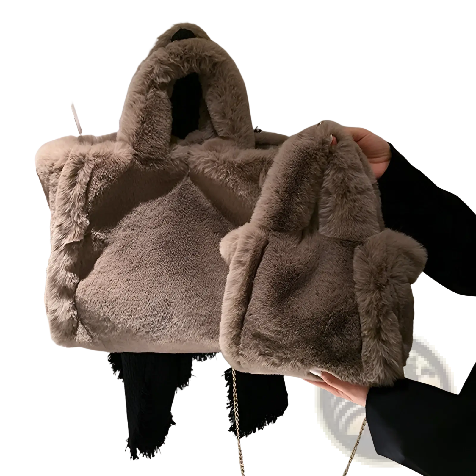 Plush faux fur two-tone tote bag with soft texture and matching hooded design featuring chain strap shoulder bag