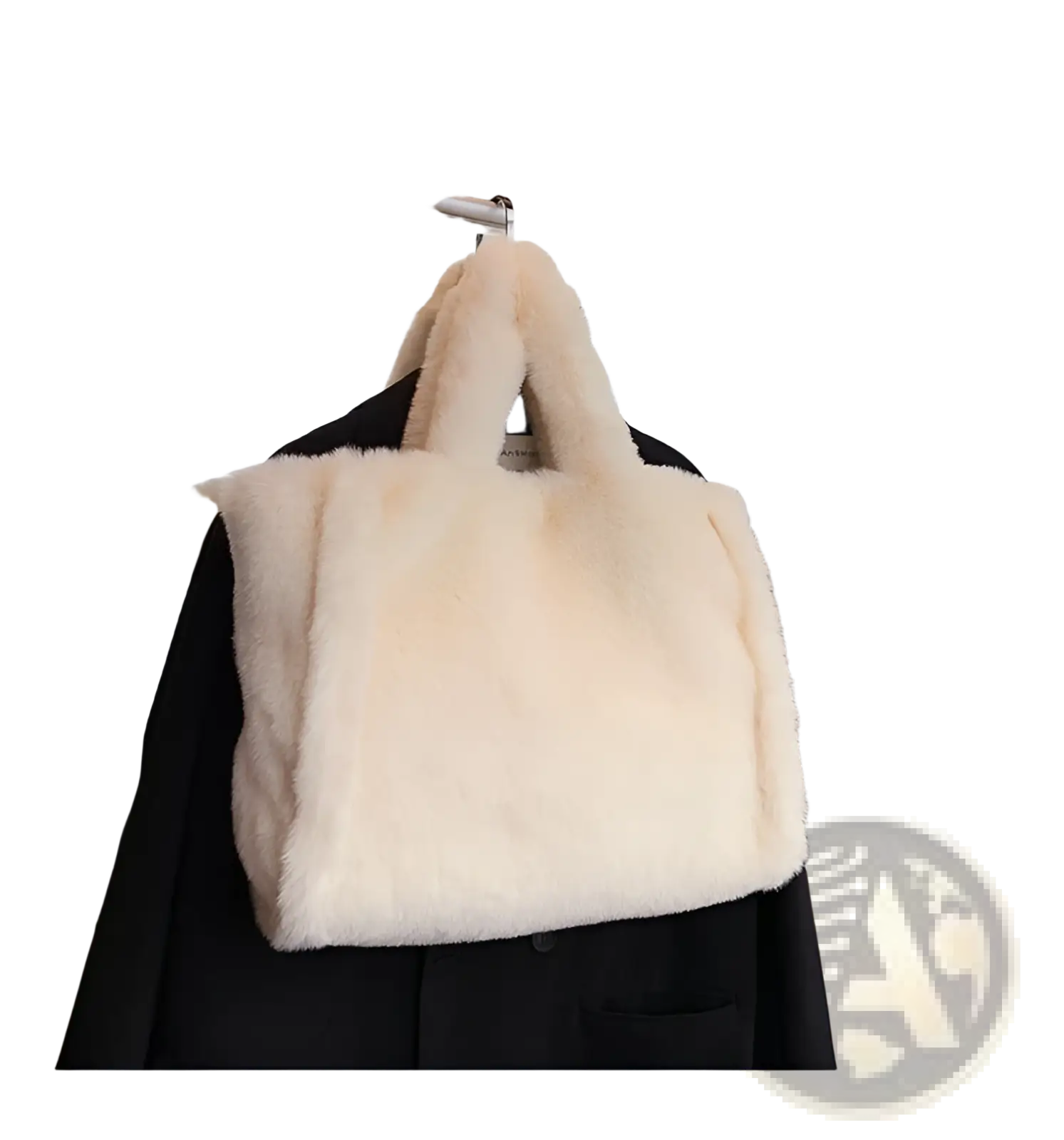 Cream-colored plush faux fur tote bag with soft fluffy texture and matching handles for stylish carrying