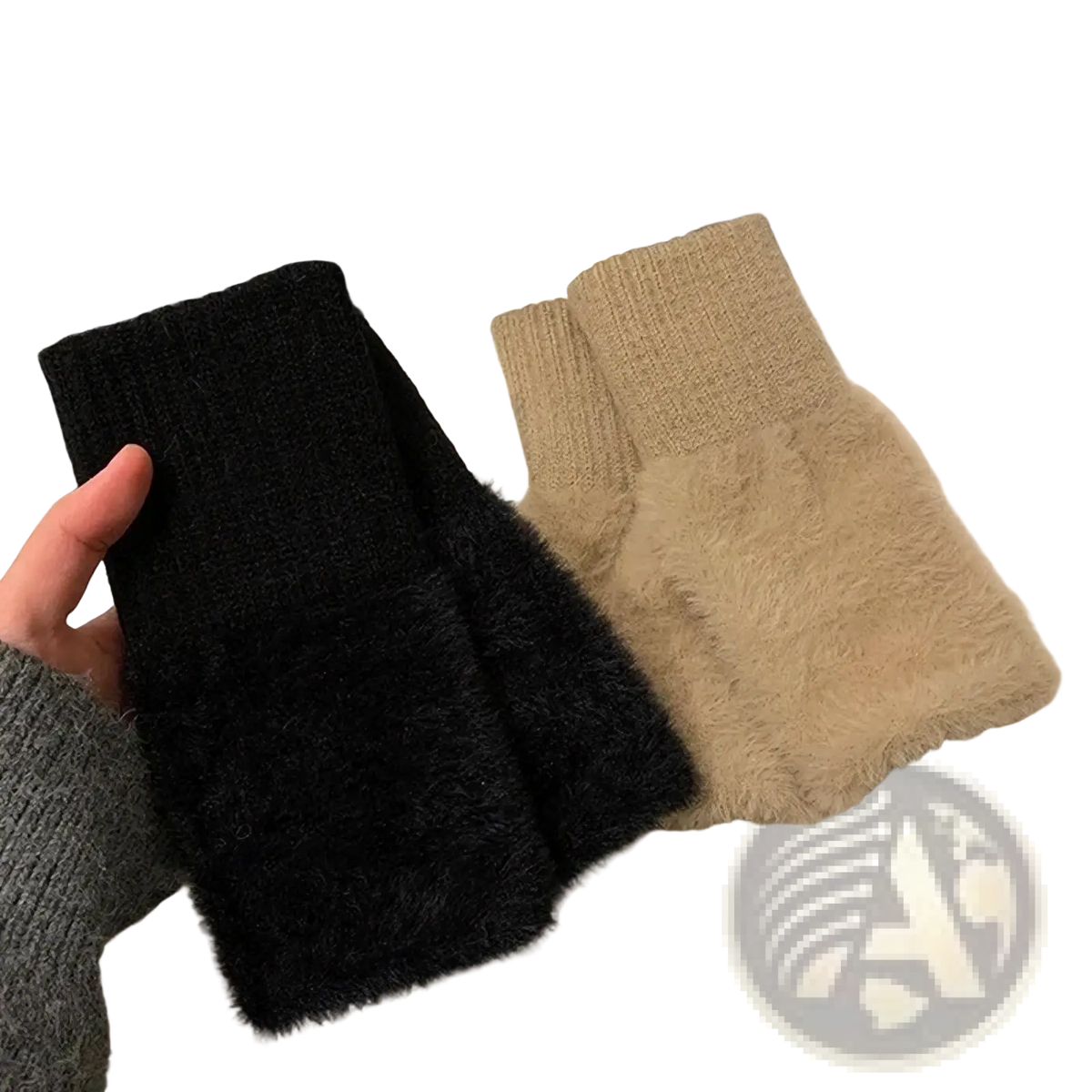Plush fingerless gloves in black and beige fuzzy knit with ribbed cuffs shown held in hand for warm winter use
