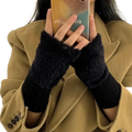 Black plush fingerless gloves with fuzzy texture and ribbed knit cuff for warm winter wrist protection