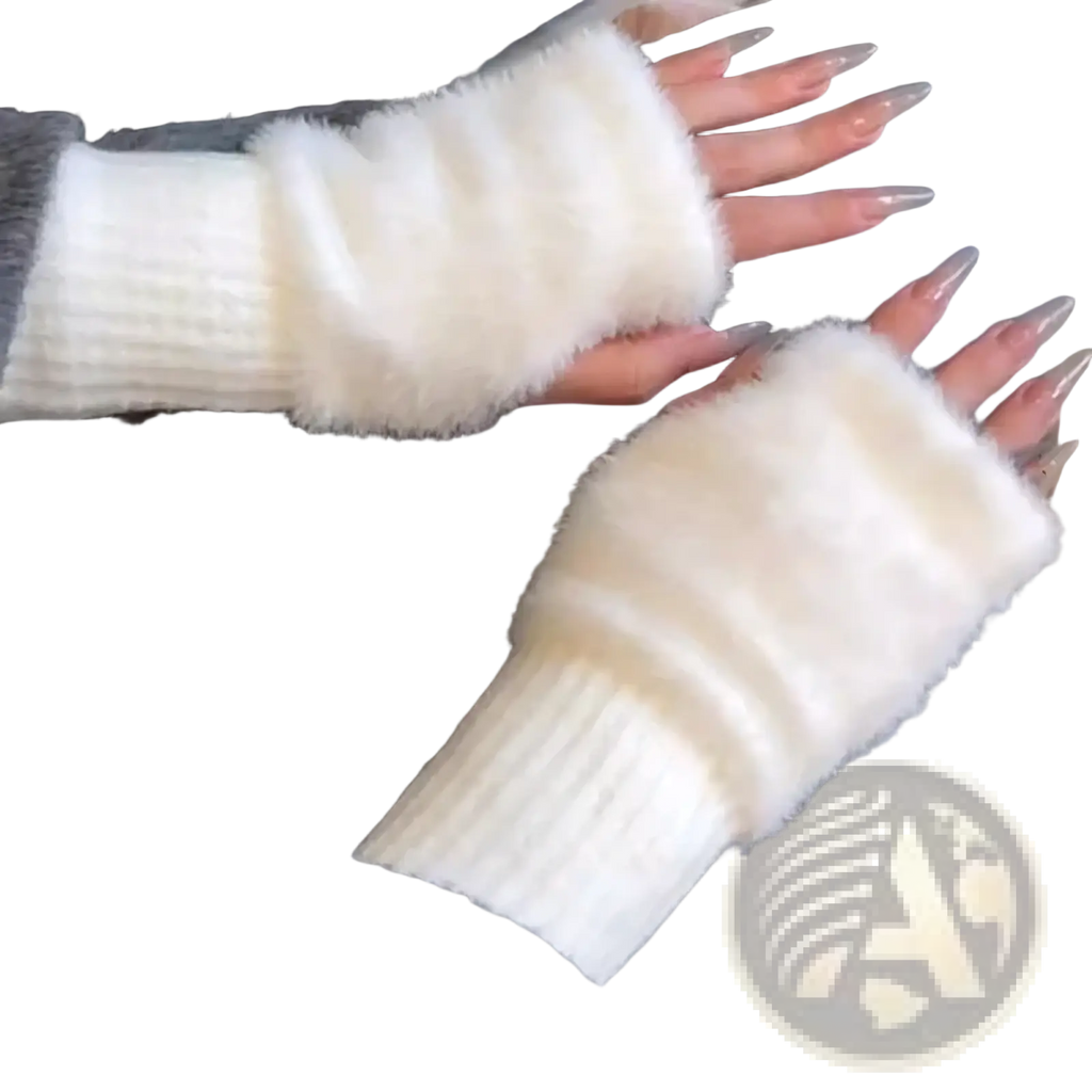Cream-colored fluffy plush fingerless gloves with ribbed knit cuff designed as warm winter wrist warmers