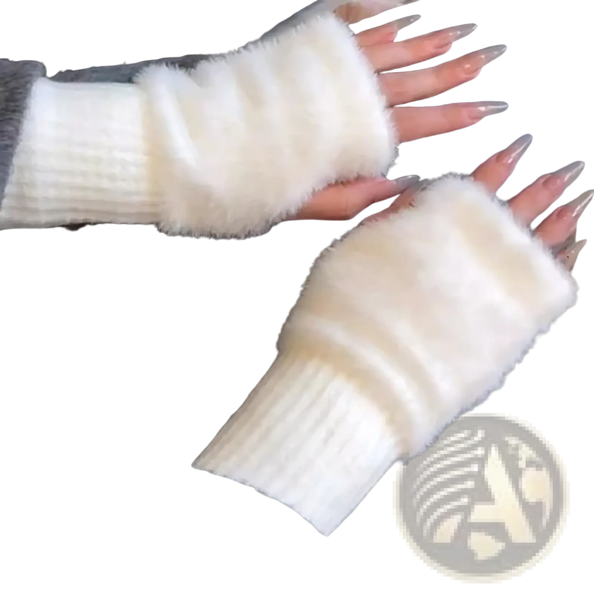 Cream-colored fluffy plush fingerless gloves with ribbed knit cuff designed as warm winter wrist warmers