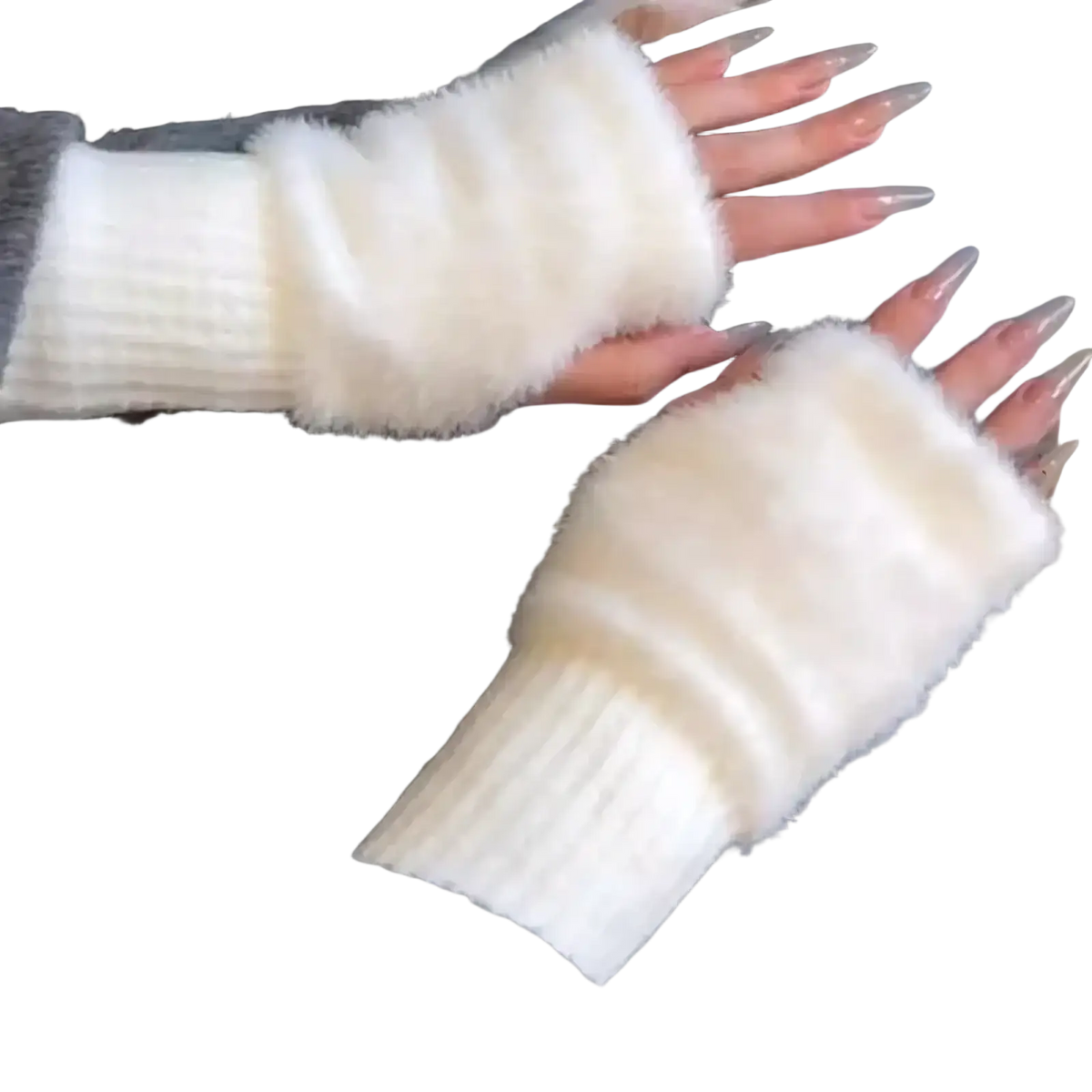 Cream-colored fluffy fingerless gloves with ribbed knit cuff designed as warm winter wrist warmers