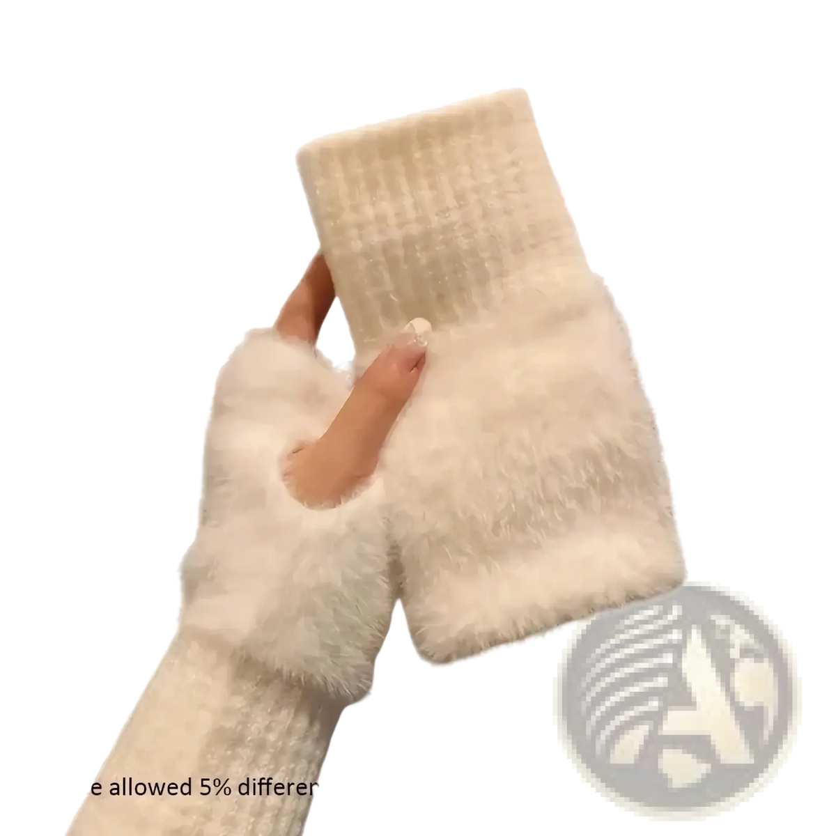 Cream-colored plush fingerless gloves made of fuzzy knit with ribbed cuff and textured pattern for warm winter wear