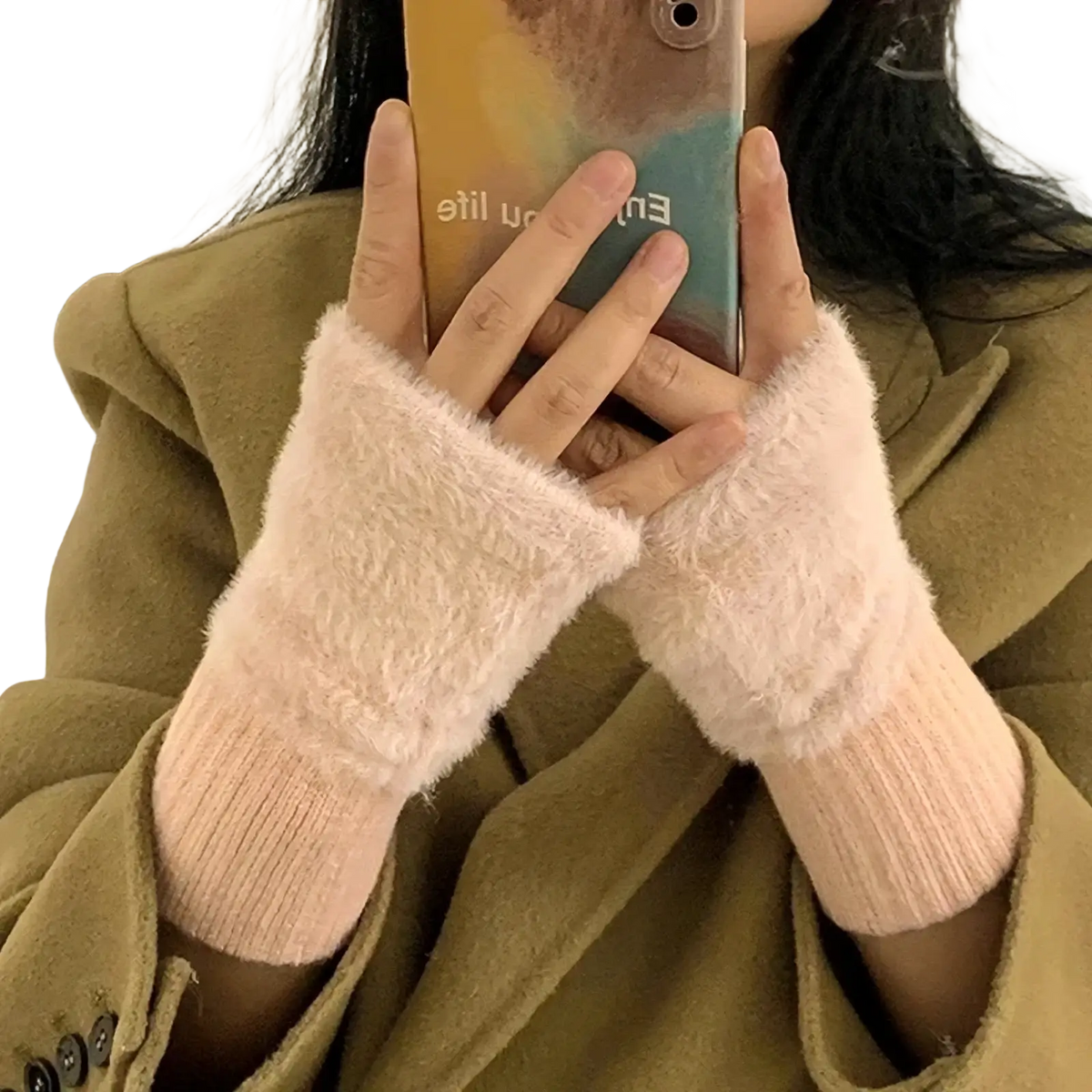 Soft pink plush fingerless gloves with fuzzy texture and ribbed knit cuff warm hands and wrists in winter