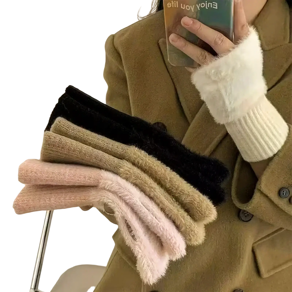 A stack of plush fingerless gloves warm winter wrist warmers in pastel pink beige and black fuzzy knit material