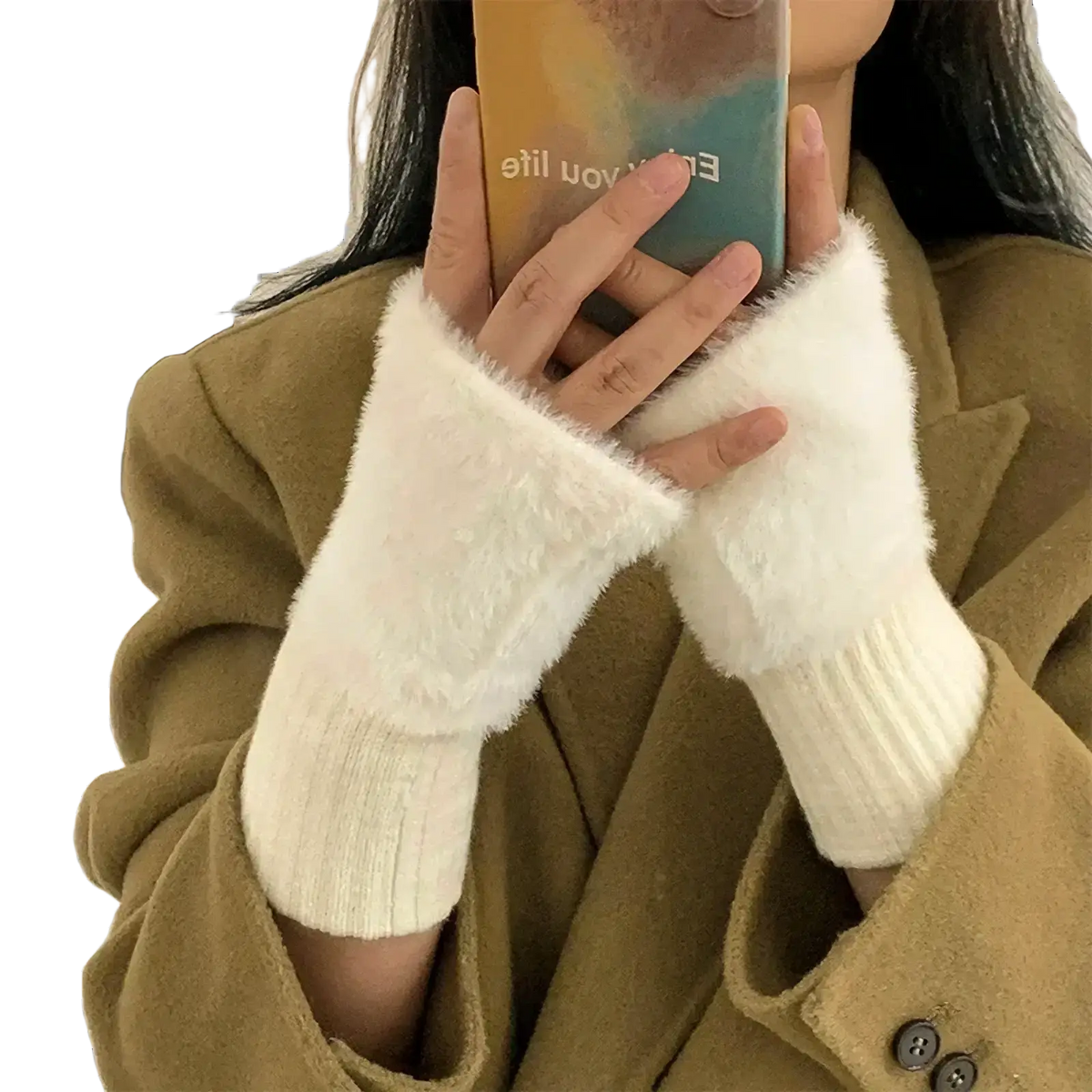White fluffy fingerless gloves with ribbed knit cuff providing warm winter wrist comfort and style