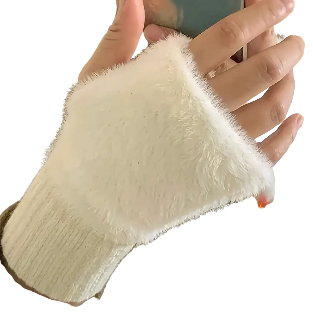 White plush fingerless gloves with ribbed cuff and fuzzy interior designed as warm winter wrist warmers