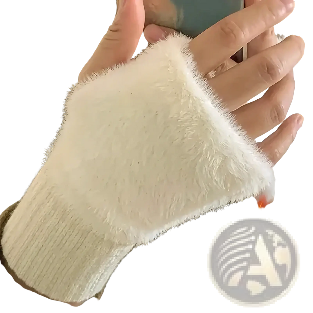 White plush fingerless gloves with ribbed cuff and fuzzy interior designed as warm winter wrist warmers