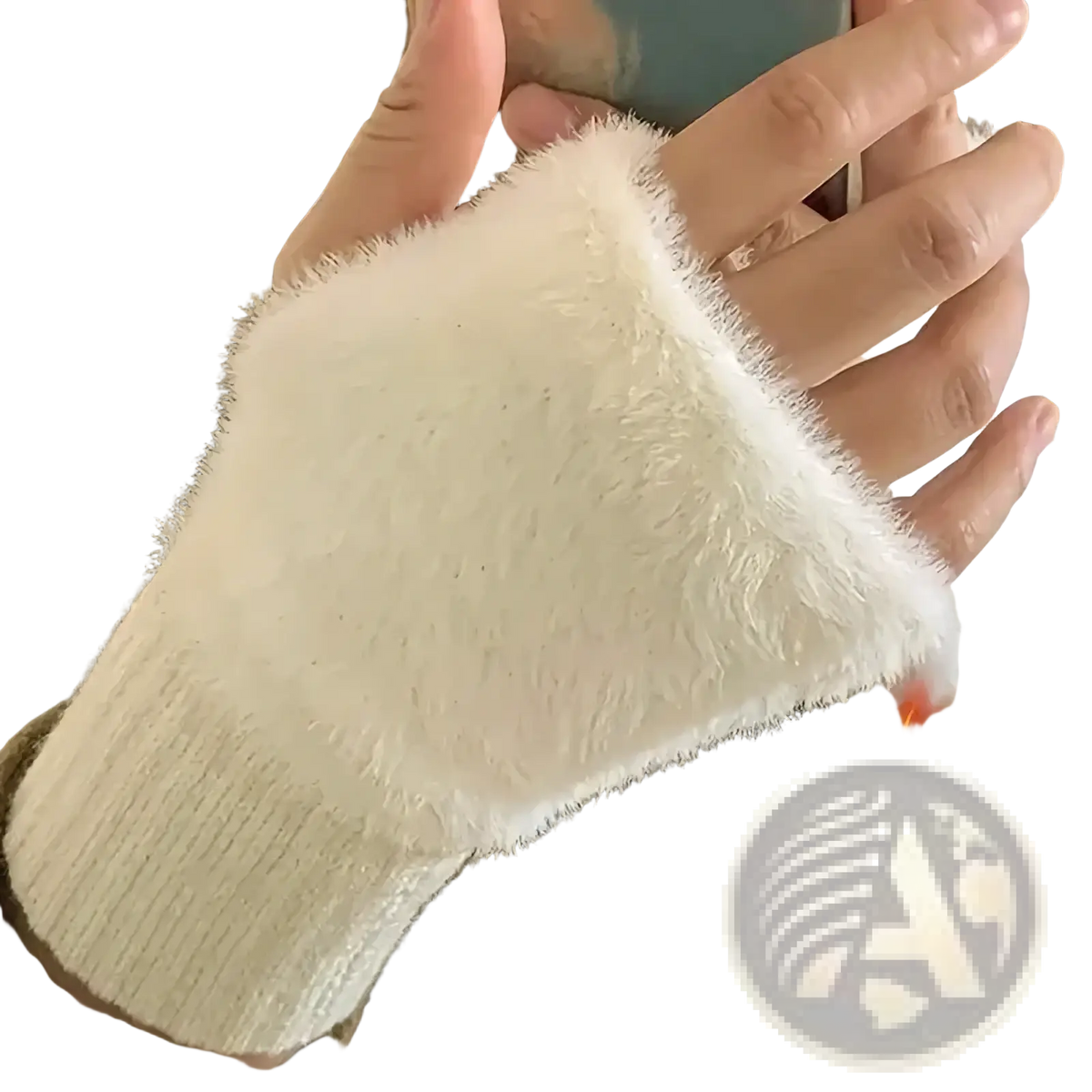 White plush fingerless gloves with ribbed cuff and fuzzy interior designed as warm winter wrist warmers